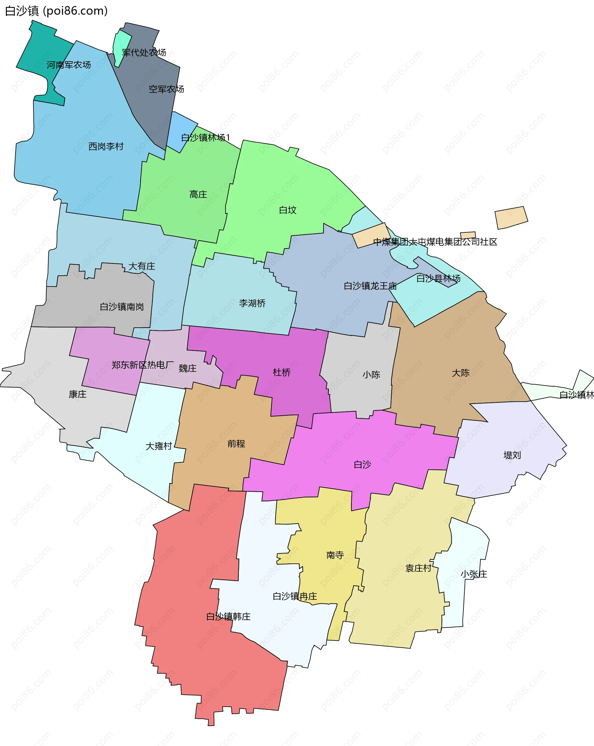 白沙镇边界地图(五级行政区划)