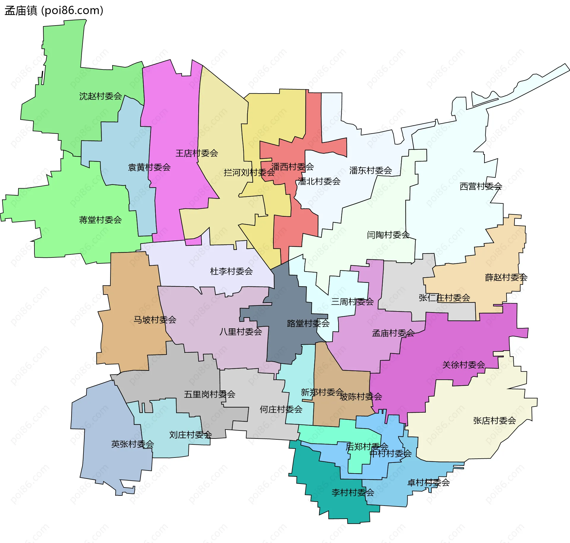 孟庙镇边界地图(五级行政区划)