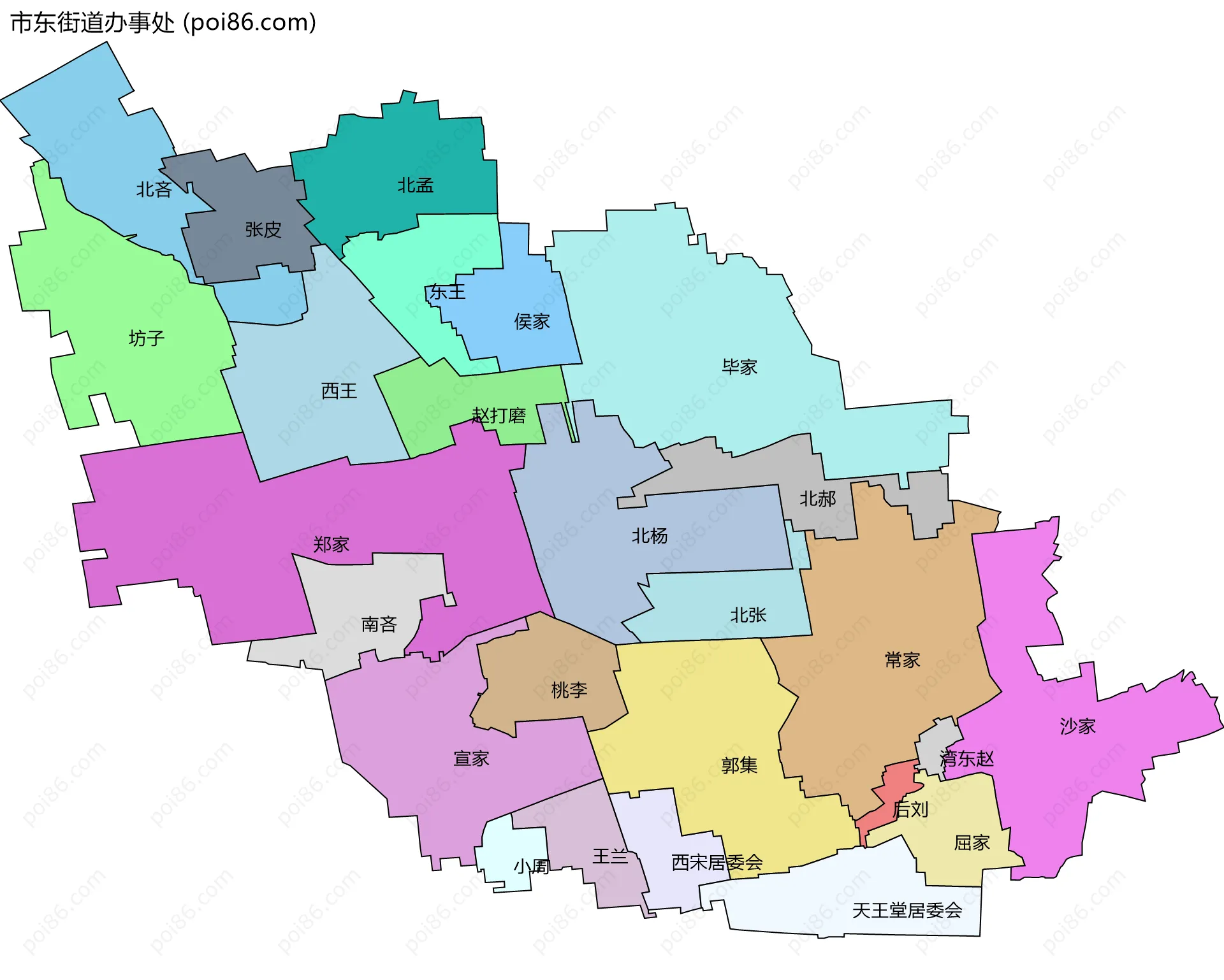市东街道办事处边界地图(五级行政区划)