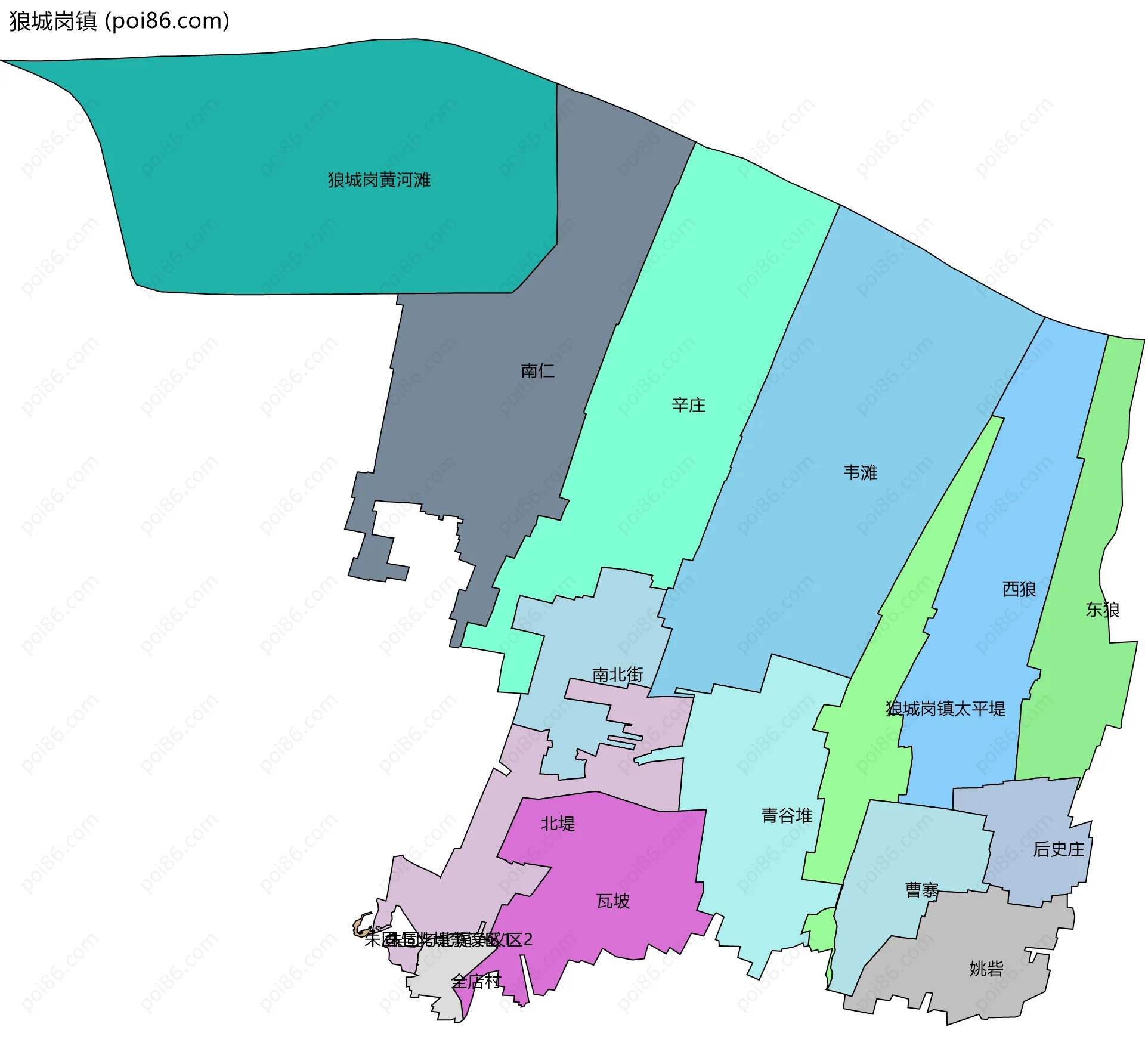 狼城岗镇边界地图(五级行政区划)