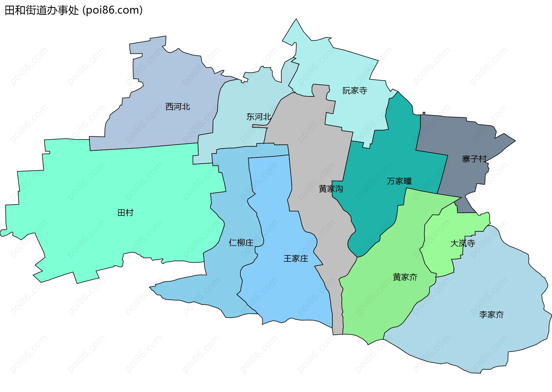 田和街道办事处边界地图(五级行政区划)