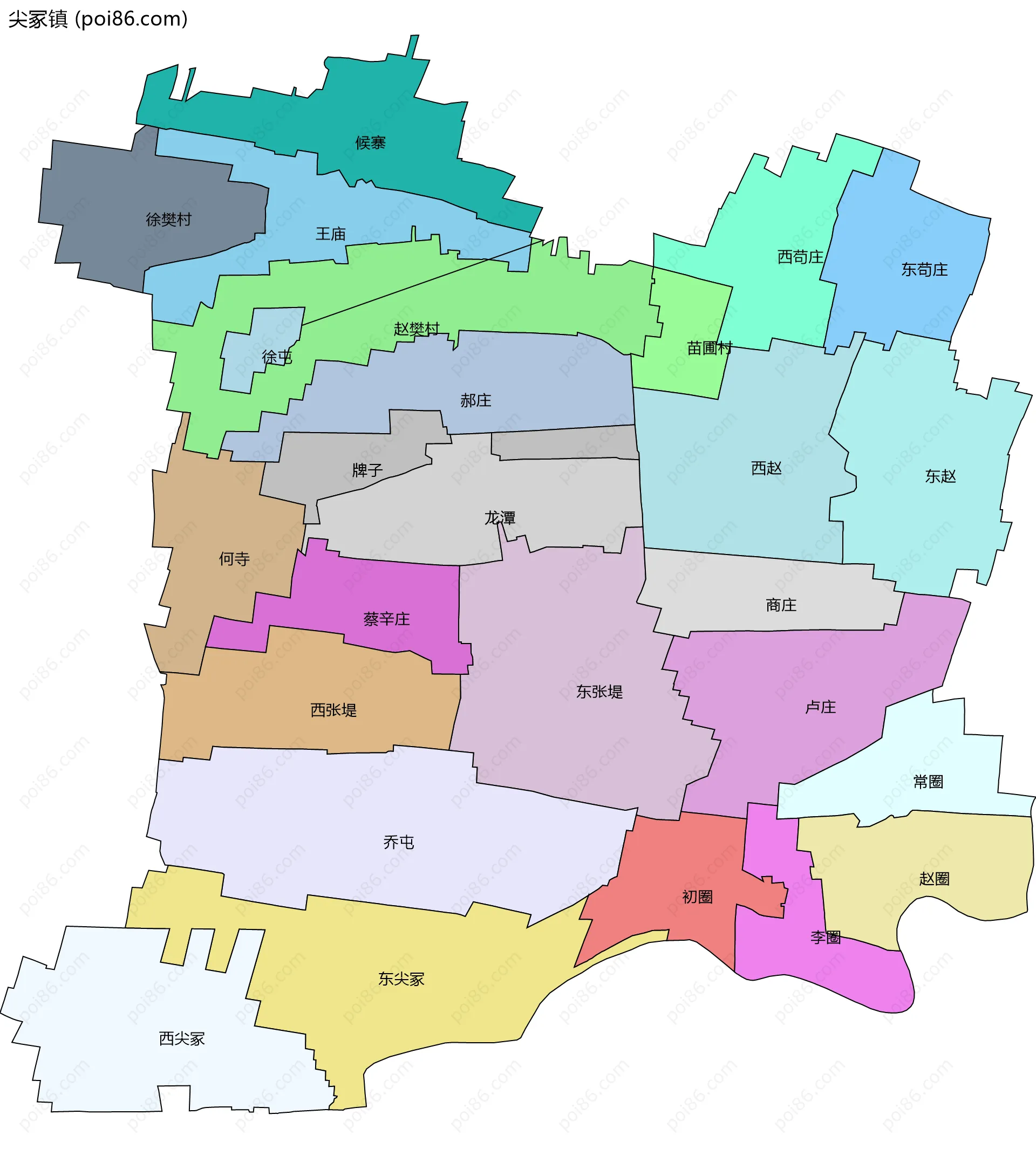 尖冢镇边界地图(五级行政区划)