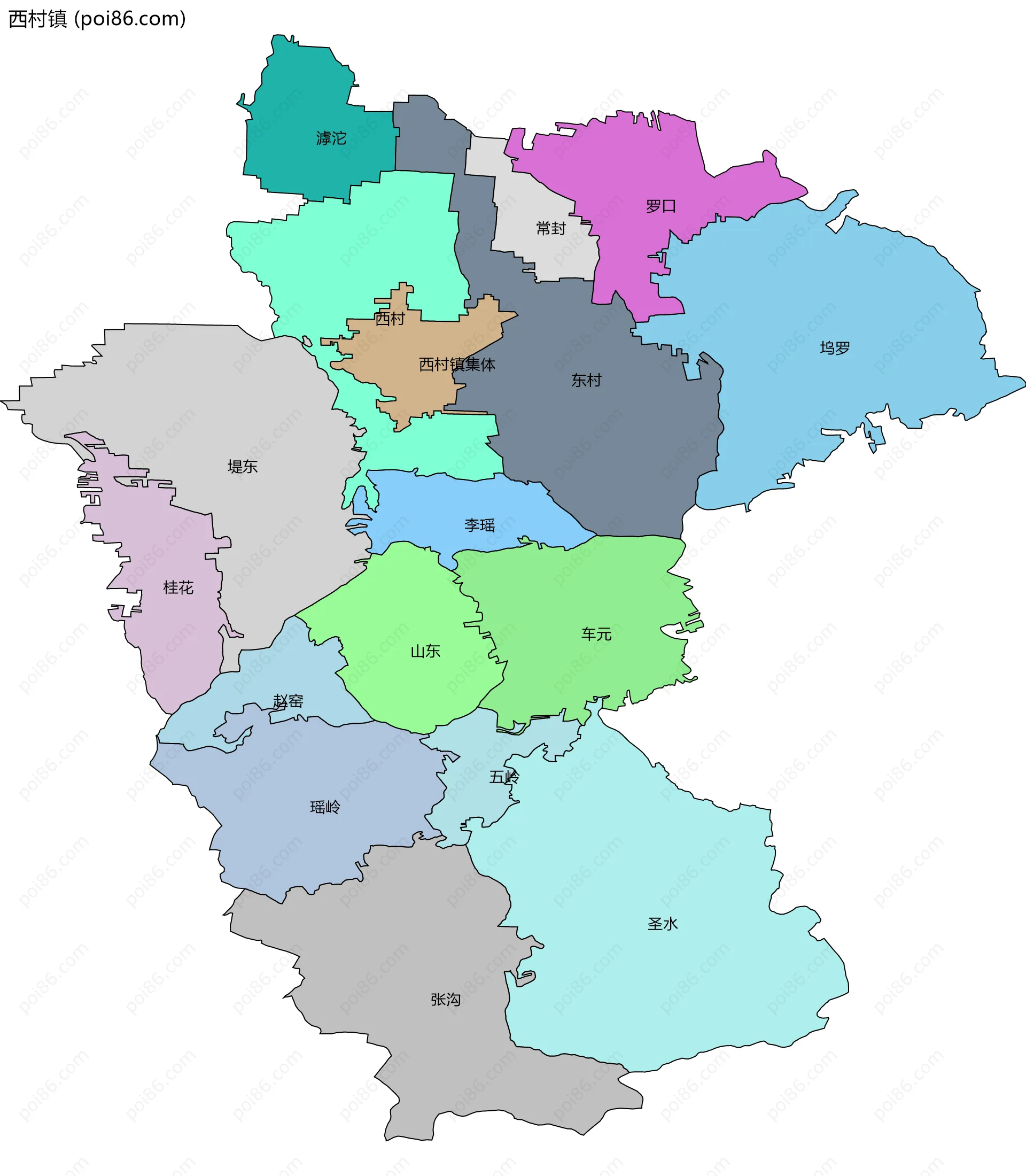 西村镇边界地图(五级行政区划)