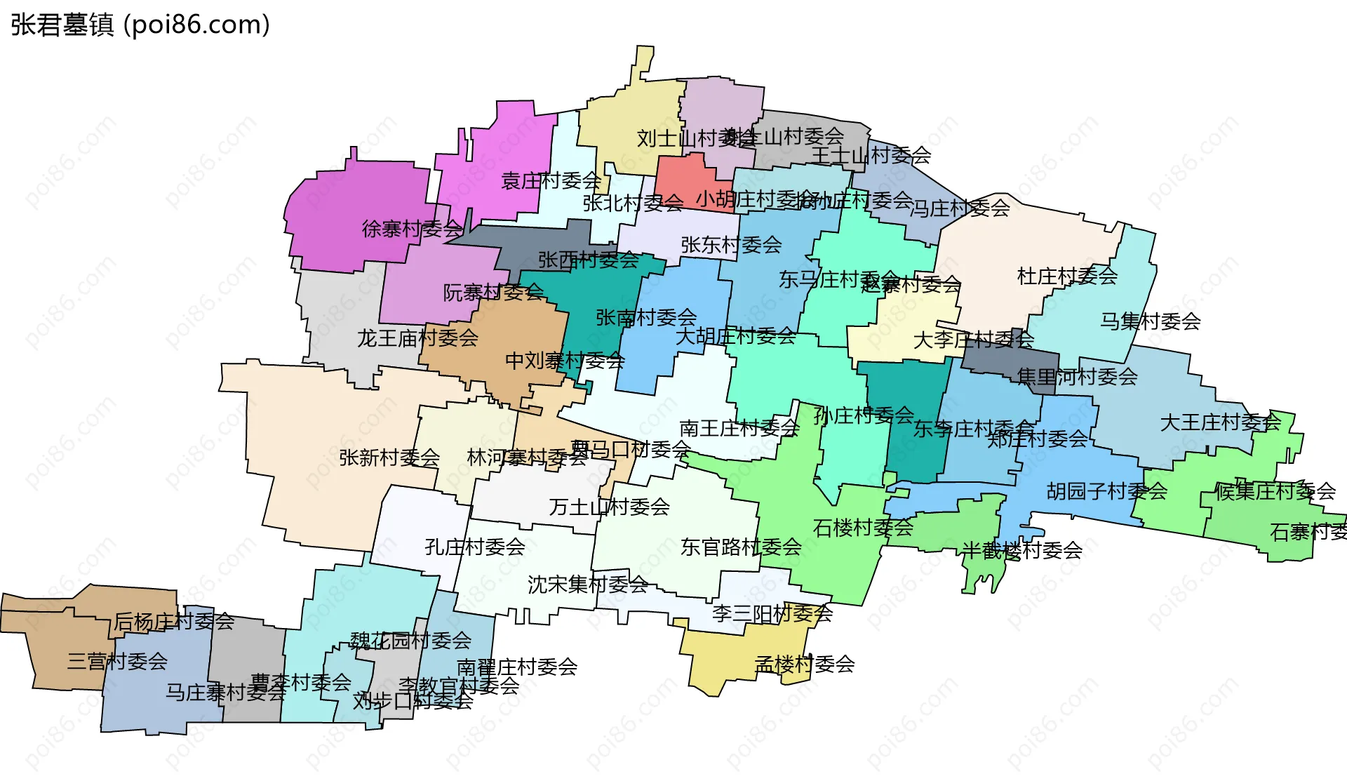 张君墓镇边界地图(五级行政区划)
