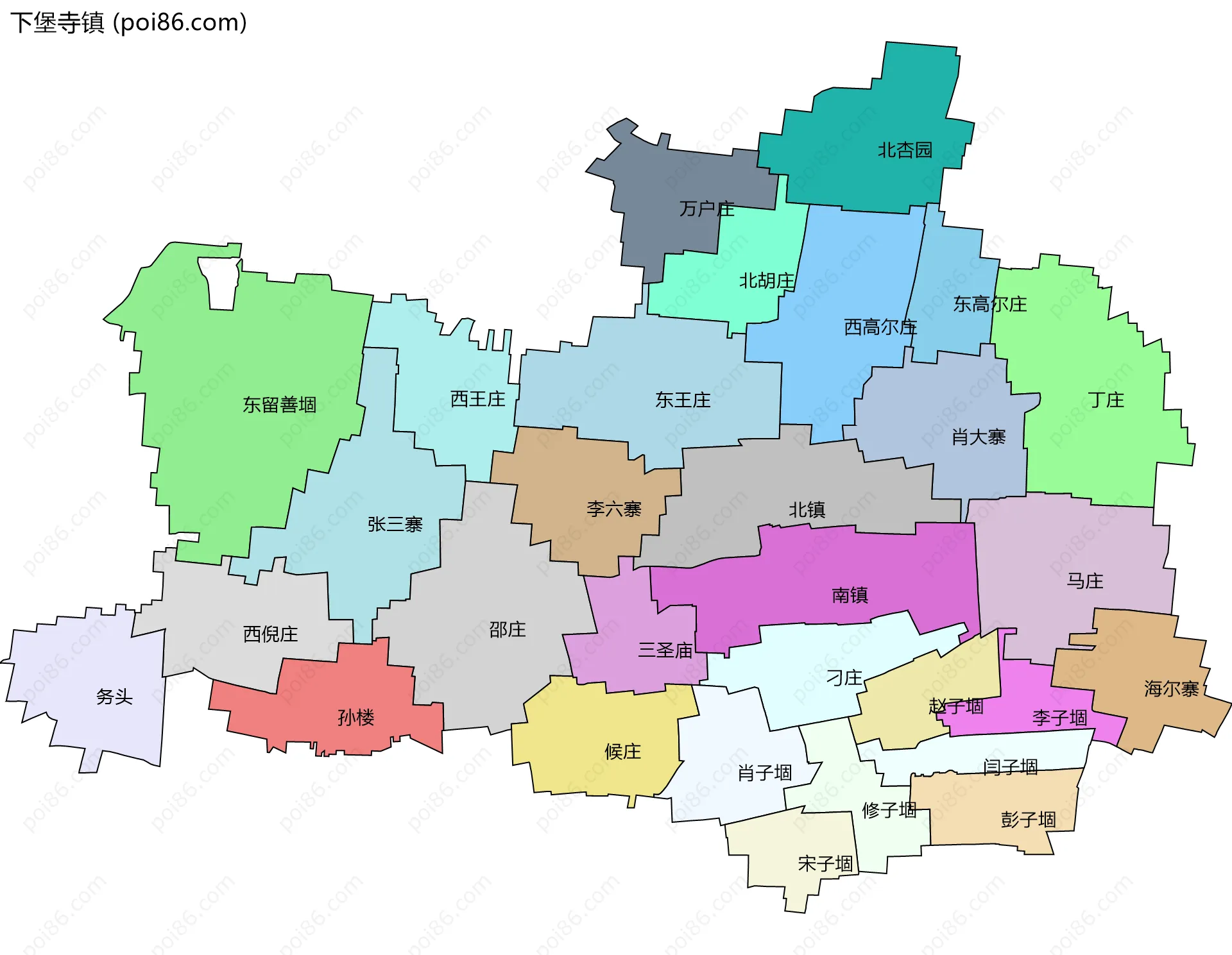 下堡寺镇边界地图(五级行政区划)