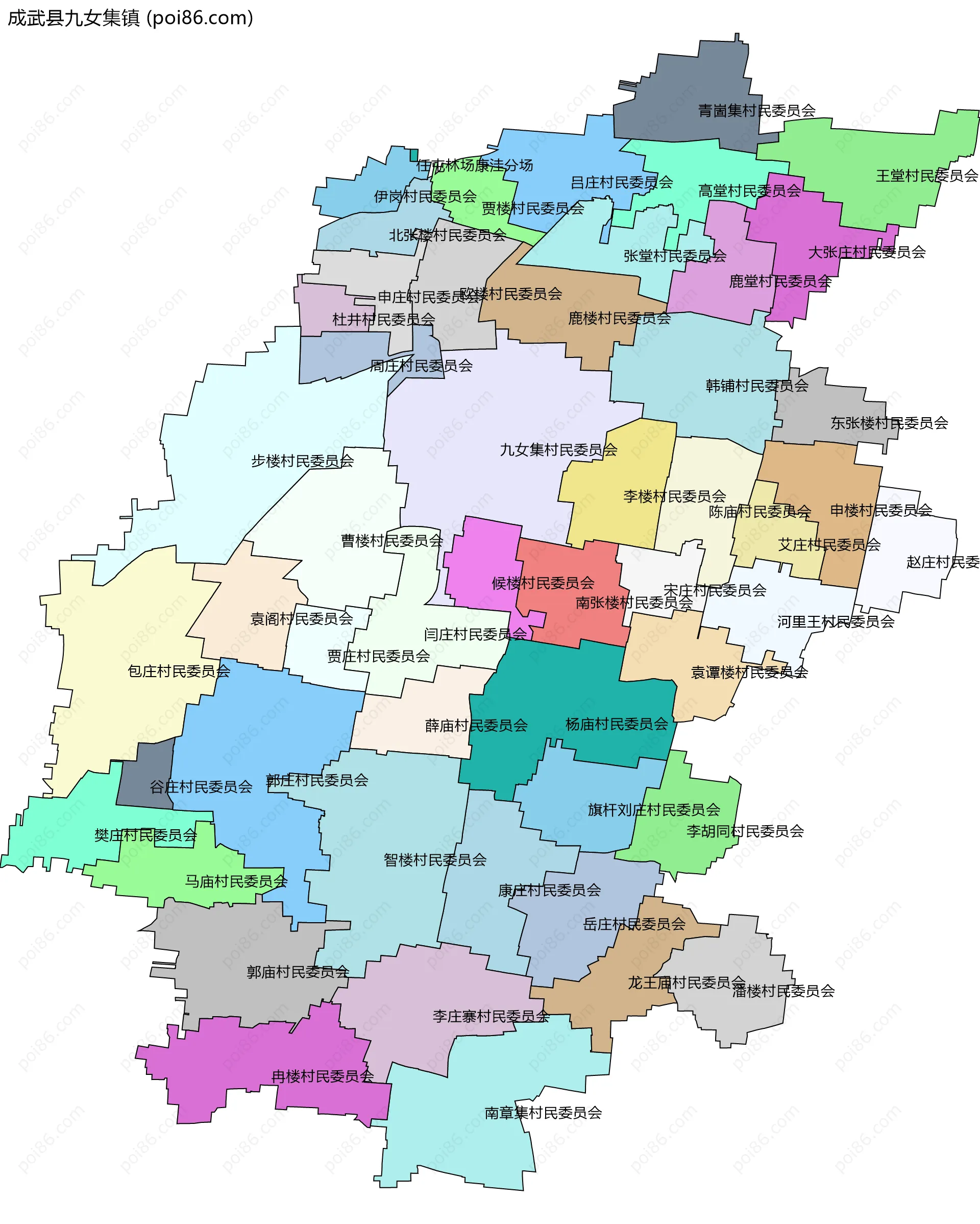 成武县九女集镇边界地图(五级行政区划)