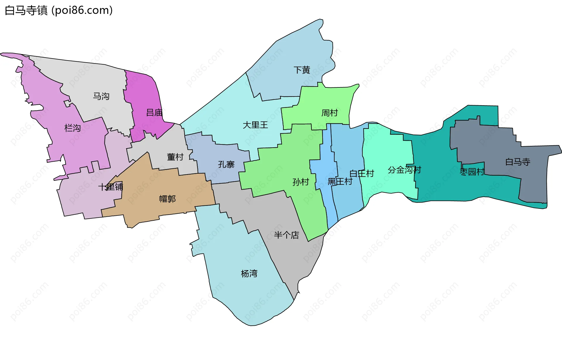 白马寺镇边界地图(五级行政区划)