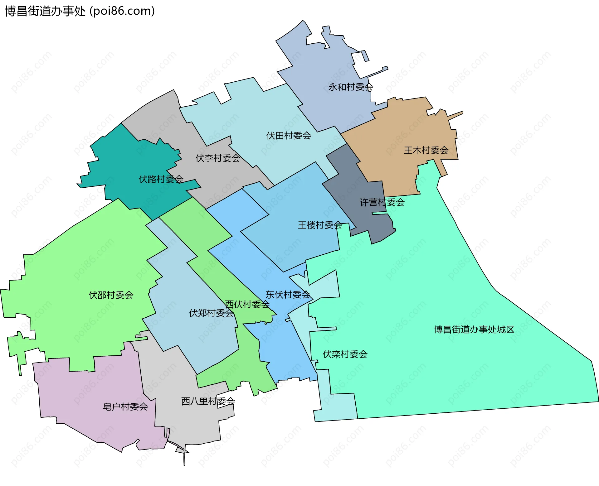 博昌街道办事处边界地图(五级行政区划)
