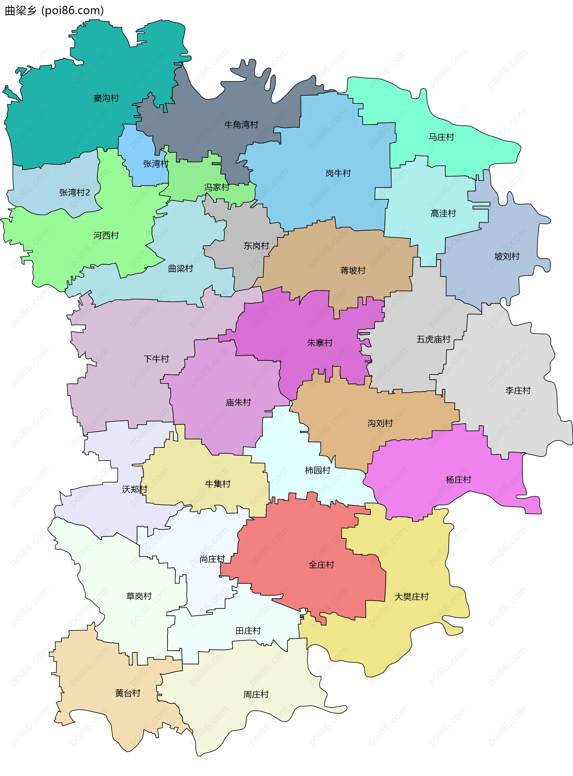 曲梁乡边界地图(五级行政区划)