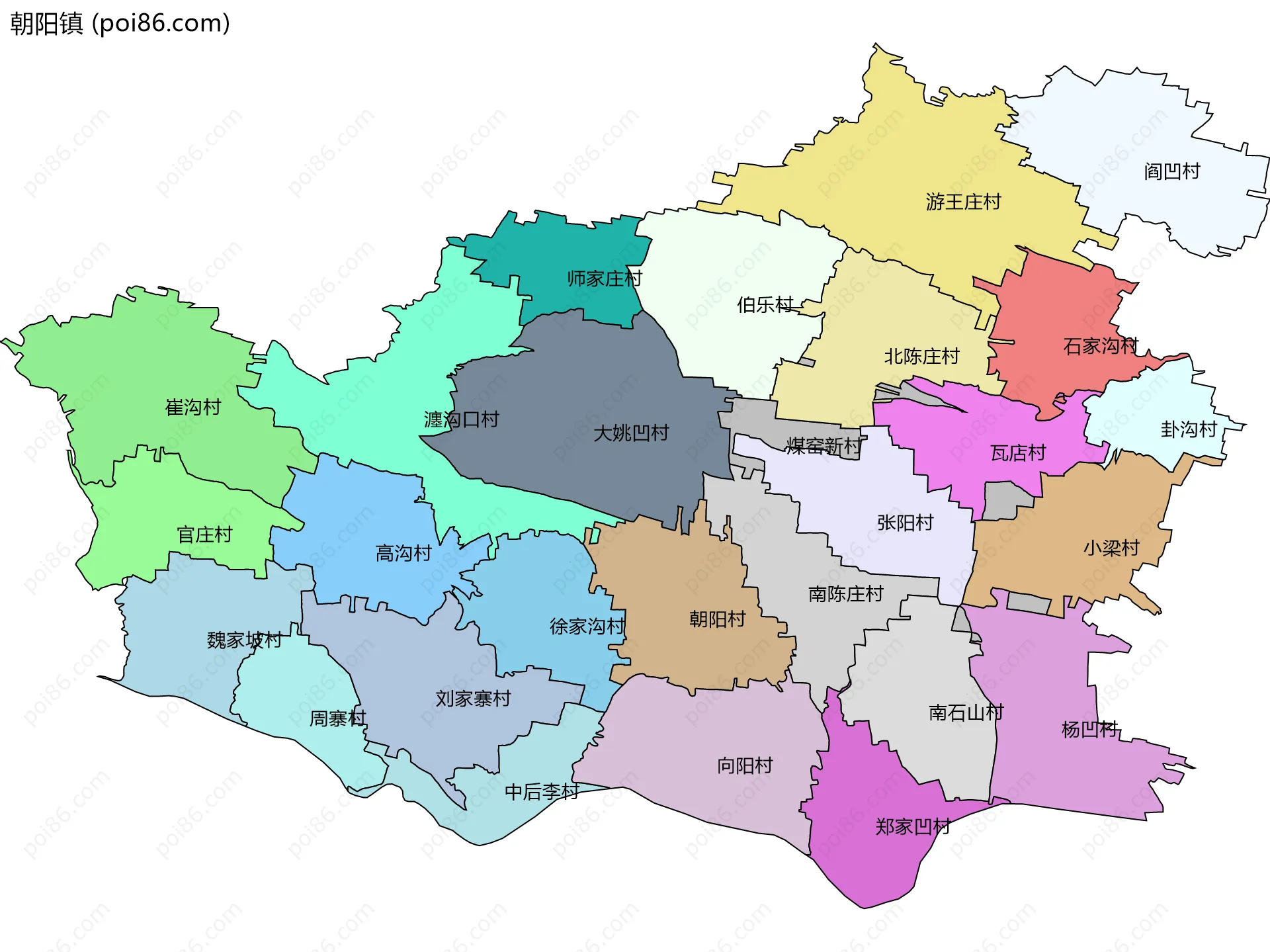 朝阳镇边界地图(五级行政区划)