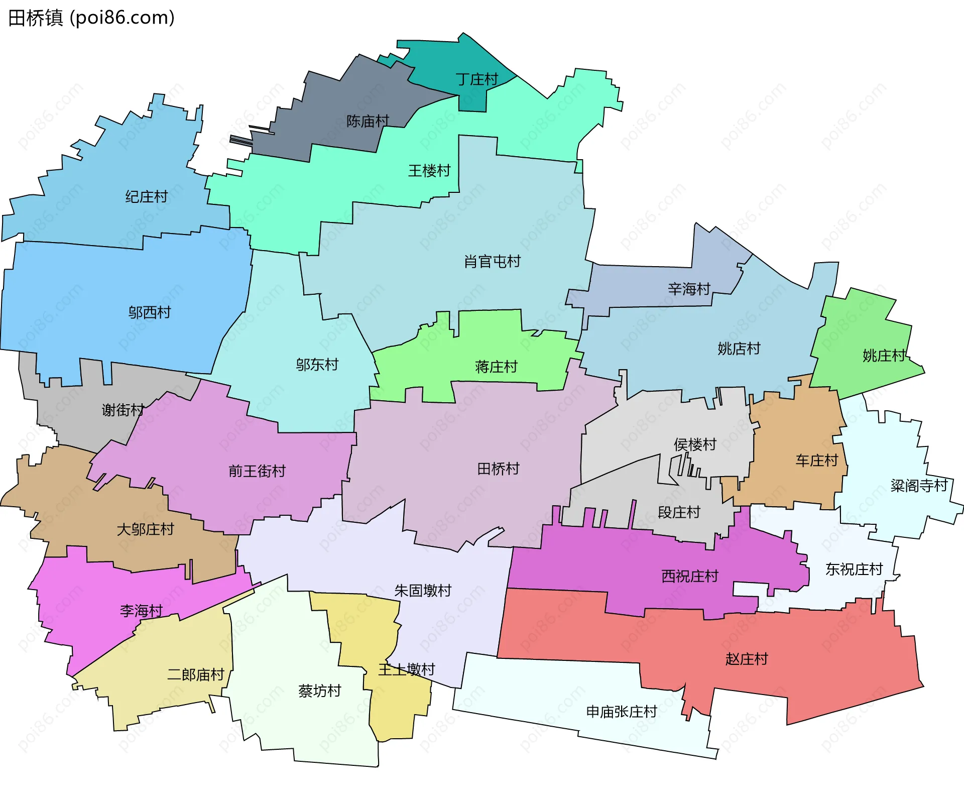田桥镇边界地图(五级行政区划)