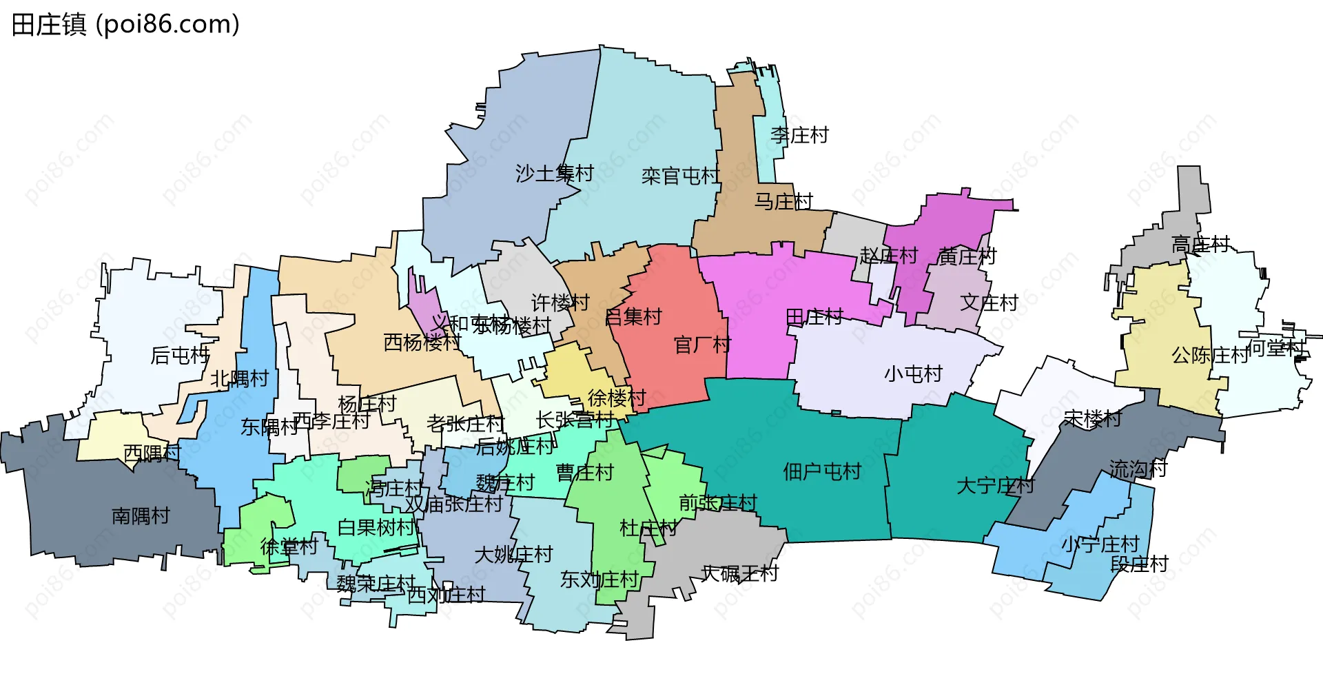 田庄镇边界地图(五级行政区划)