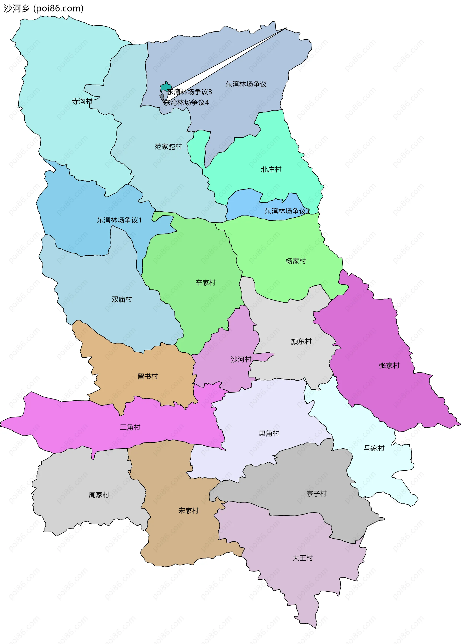 沙河乡边界地图(五级行政区划)