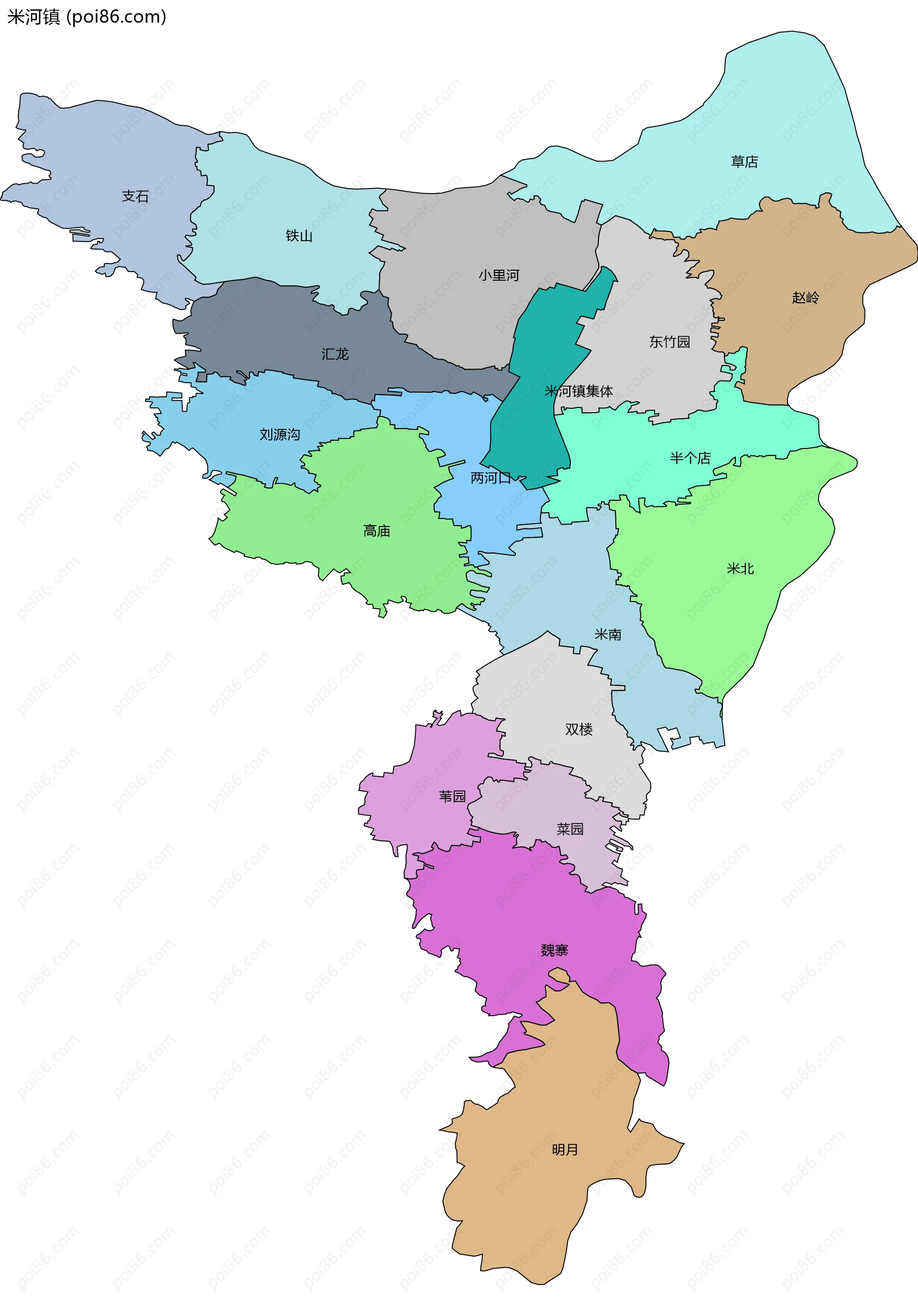 米河镇边界地图(五级行政区划)