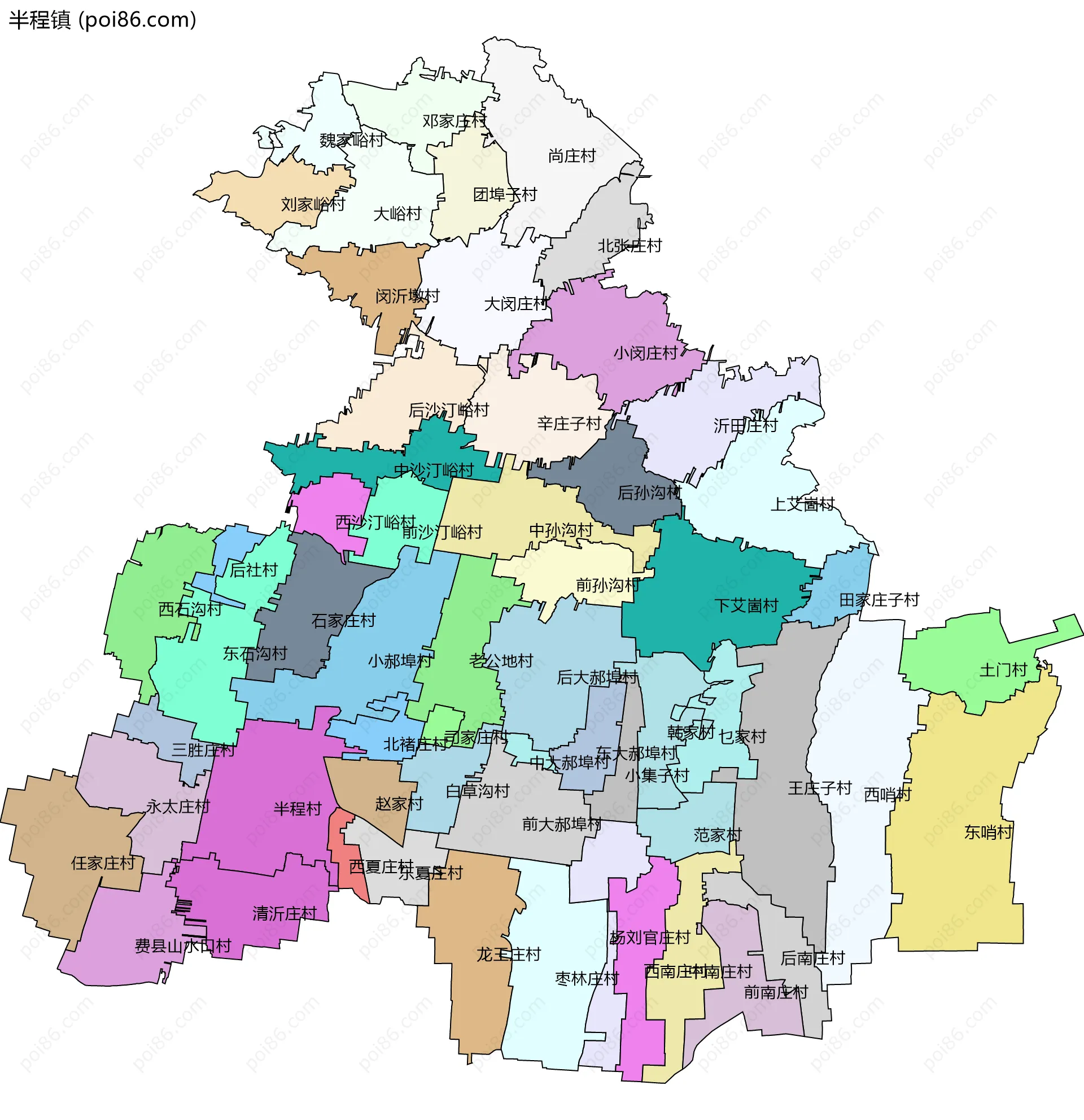 半程镇边界地图(五级行政区划)