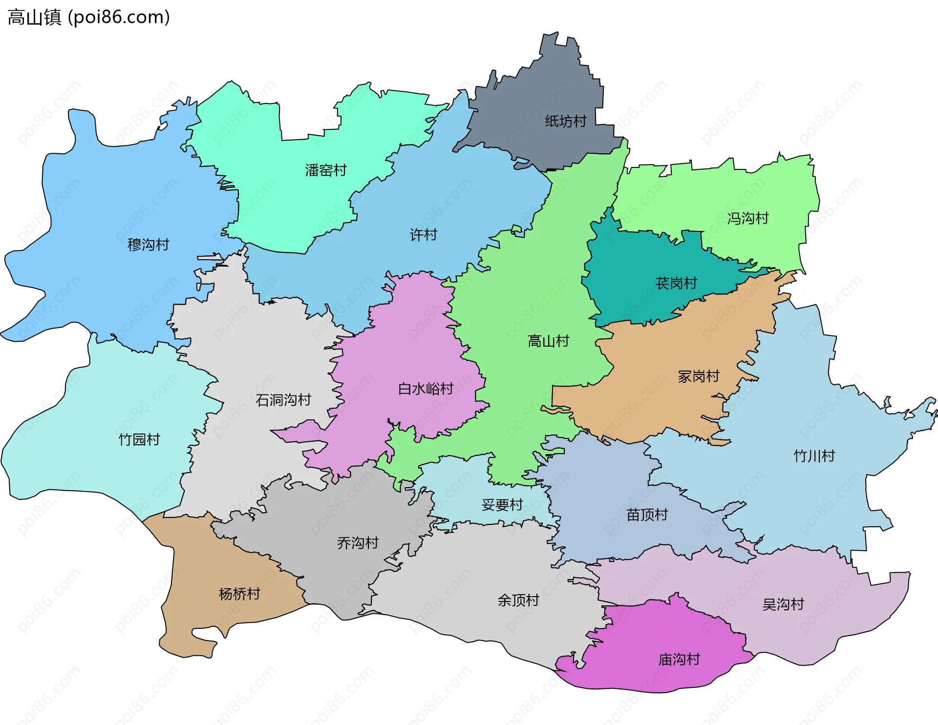 高山镇边界地图(五级行政区划)