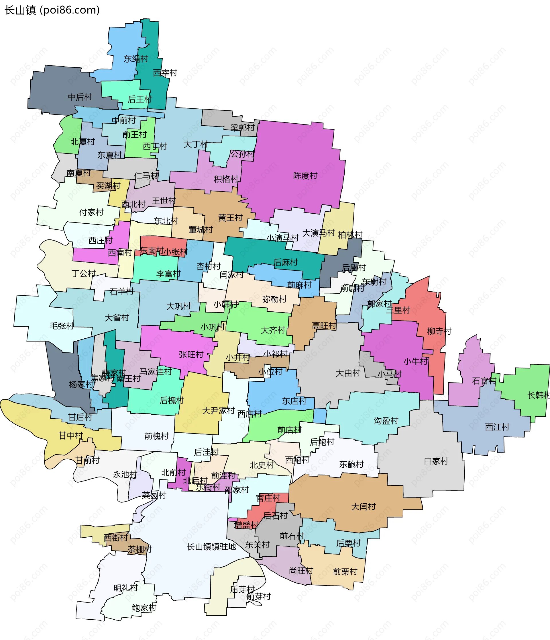 长山镇边界地图(五级行政区划)