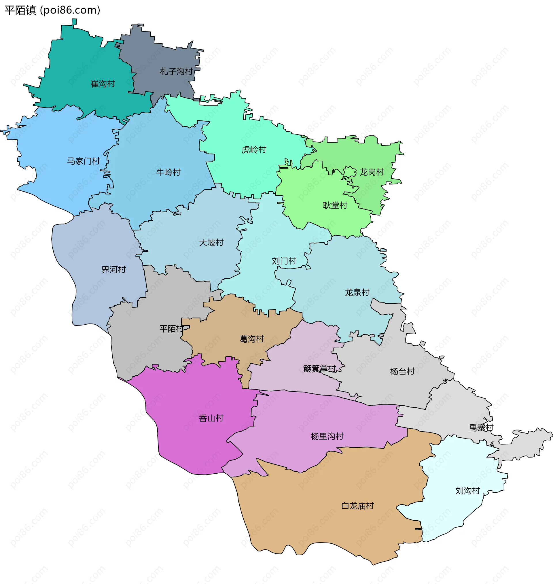 平陌镇边界地图(五级行政区划)