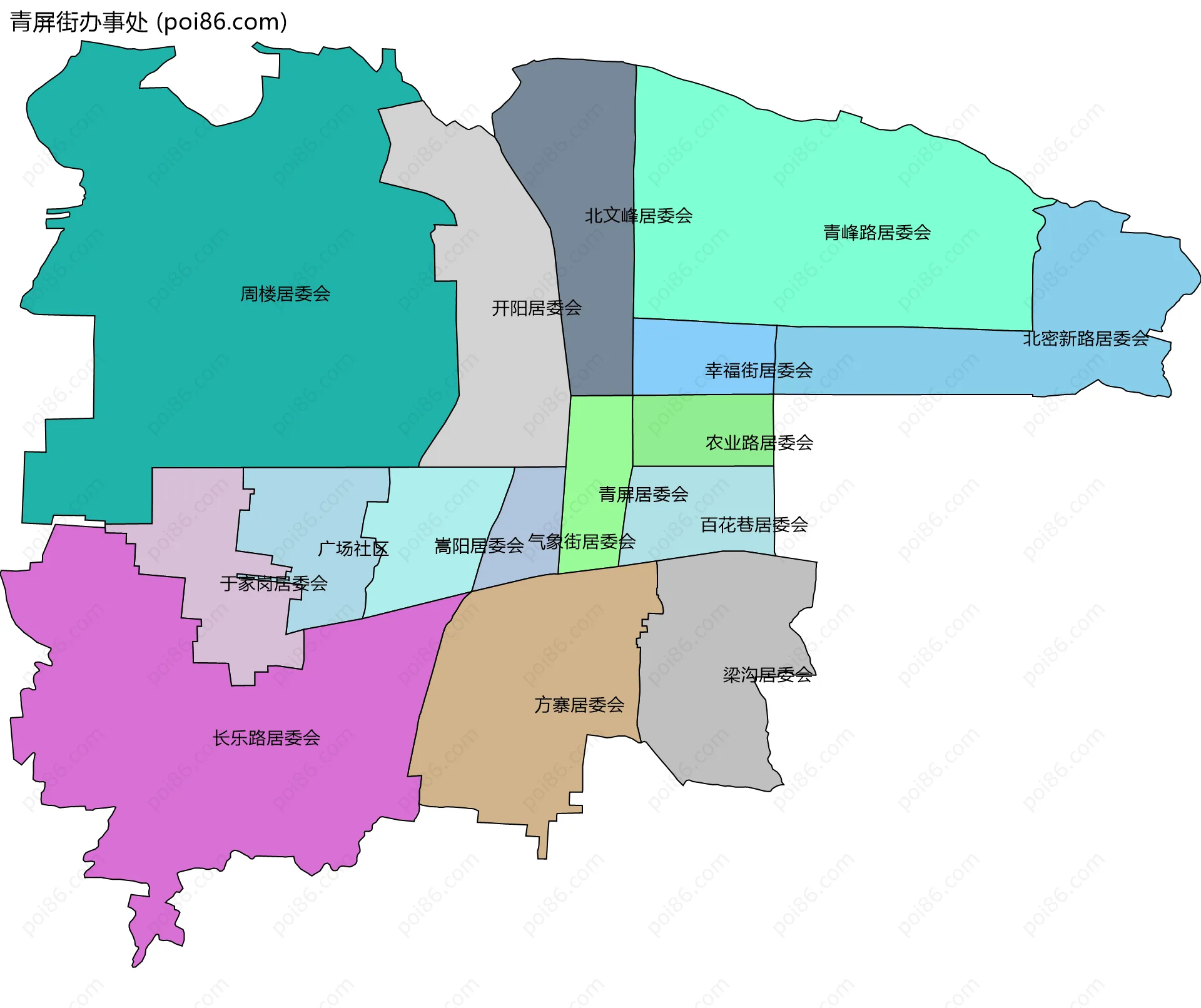 青屏街办事处边界地图(五级行政区划)
