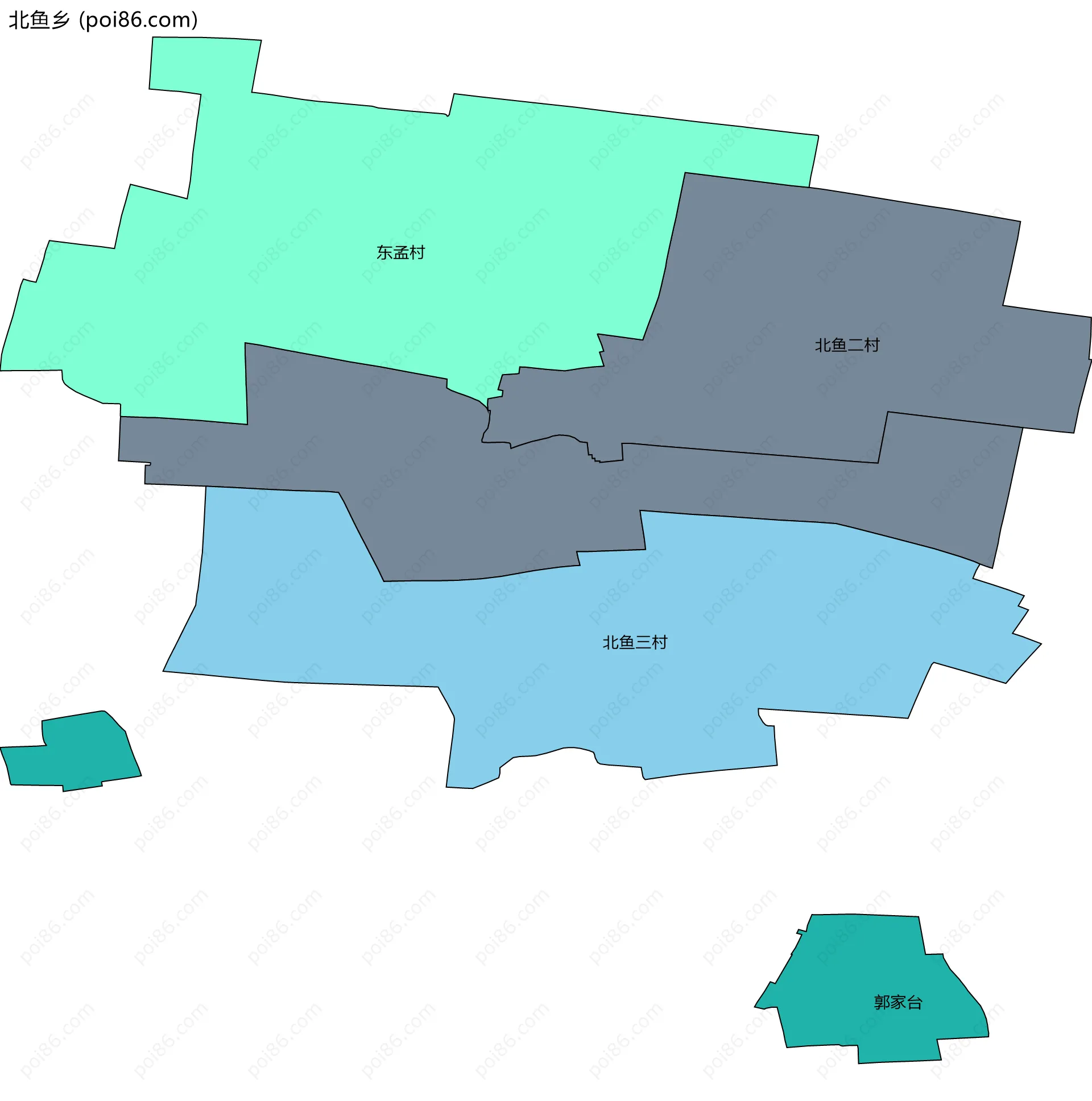 北鱼乡边界地图(五级行政区划)