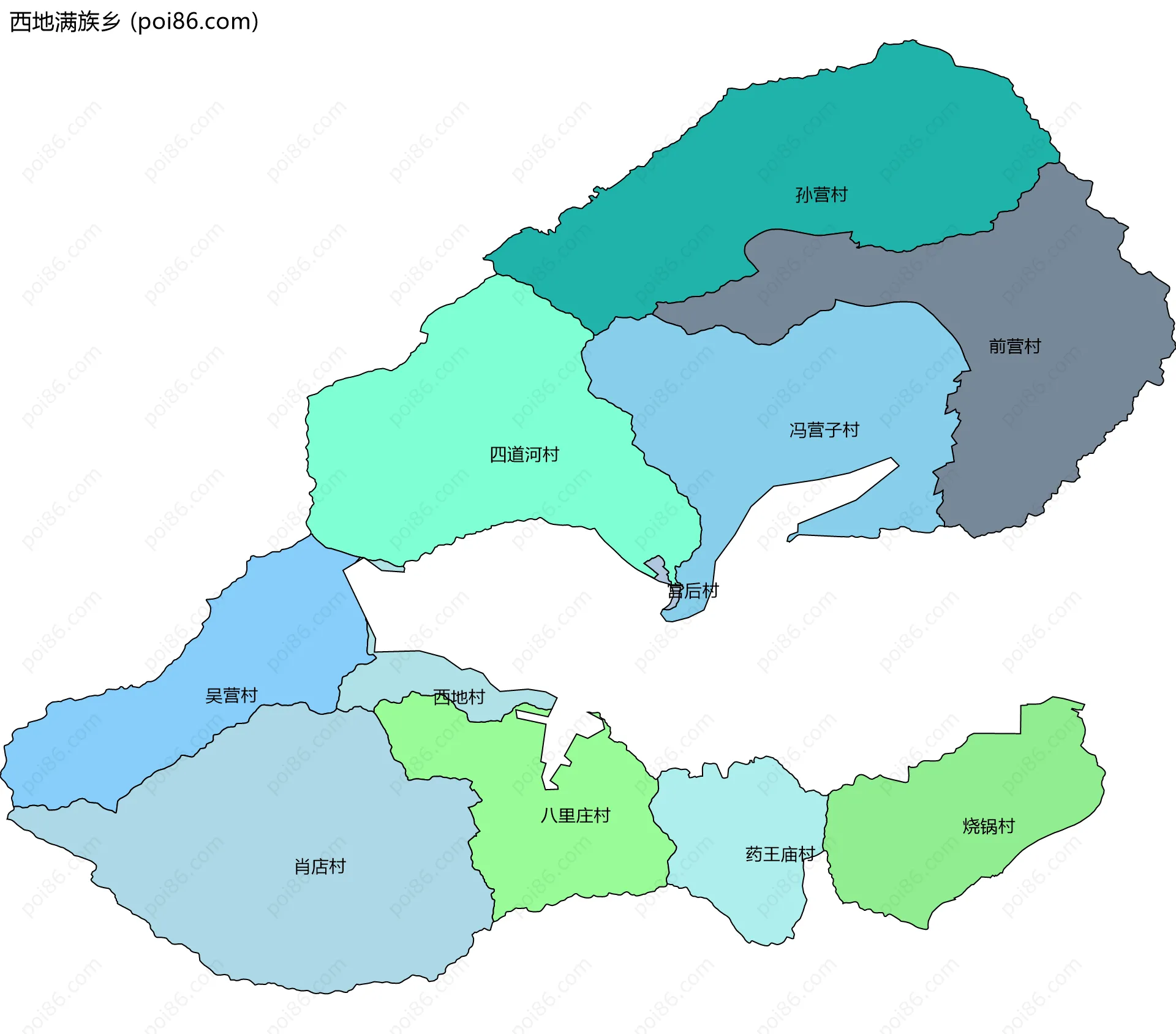 西地满族乡边界地图(五级行政区划)
