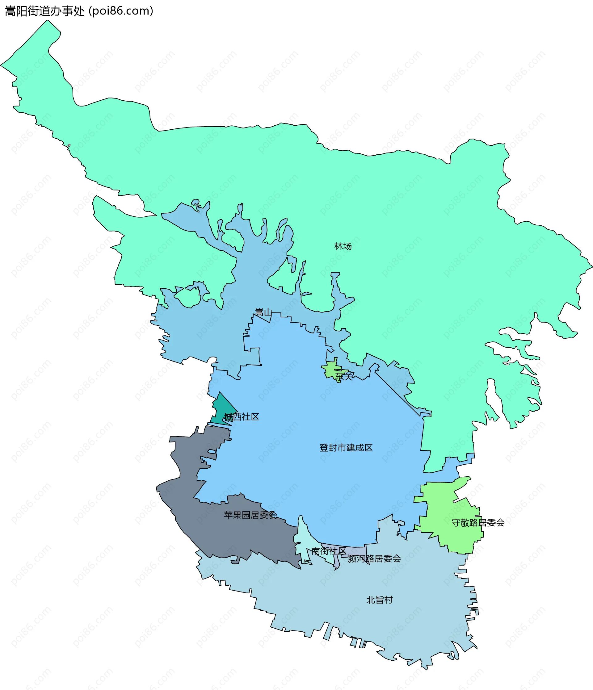 嵩阳街道办事处边界地图(五级行政区划)
