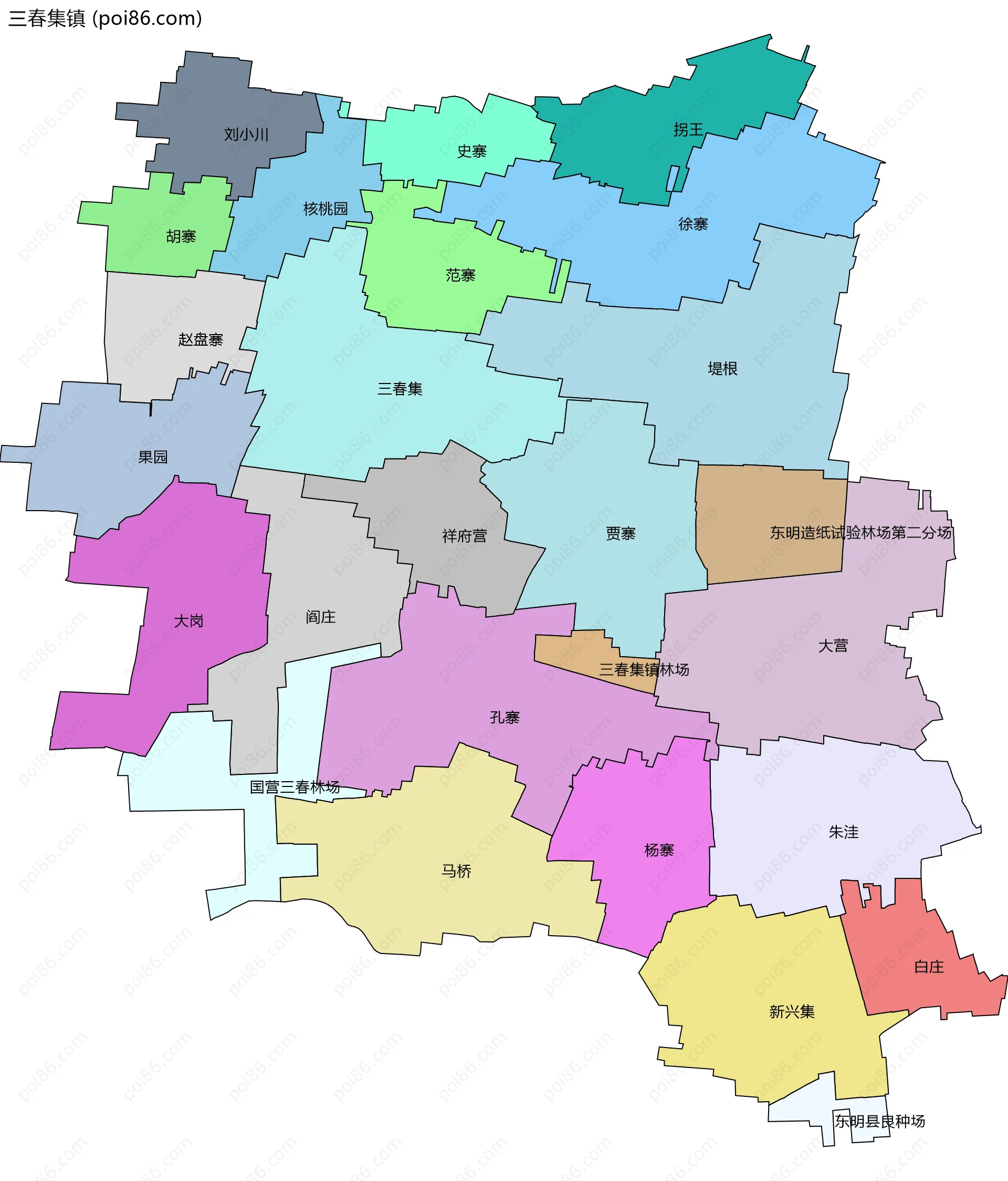 三春集镇边界地图(五级行政区划)