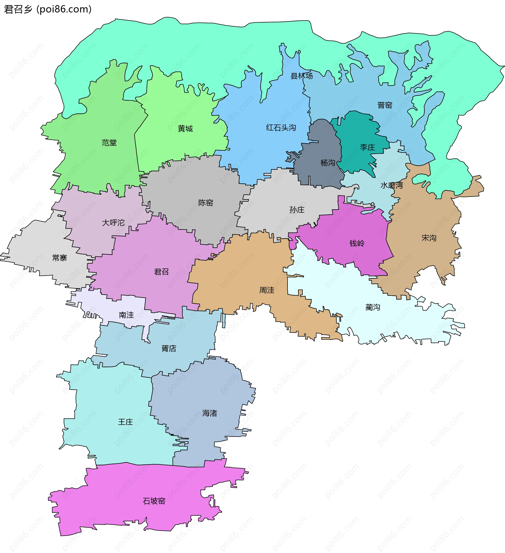 君召乡边界地图(五级行政区划)