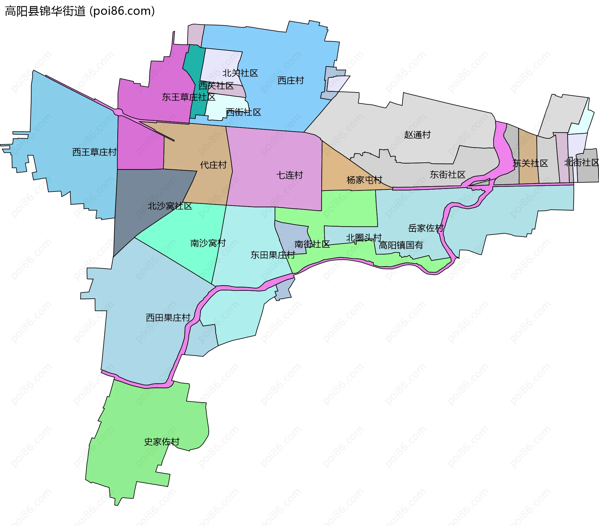 高阳县锦华街道边界地图(五级行政区划)