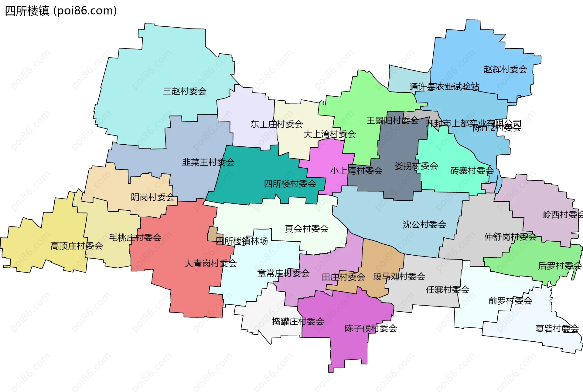 四所楼镇边界地图(五级行政区划)