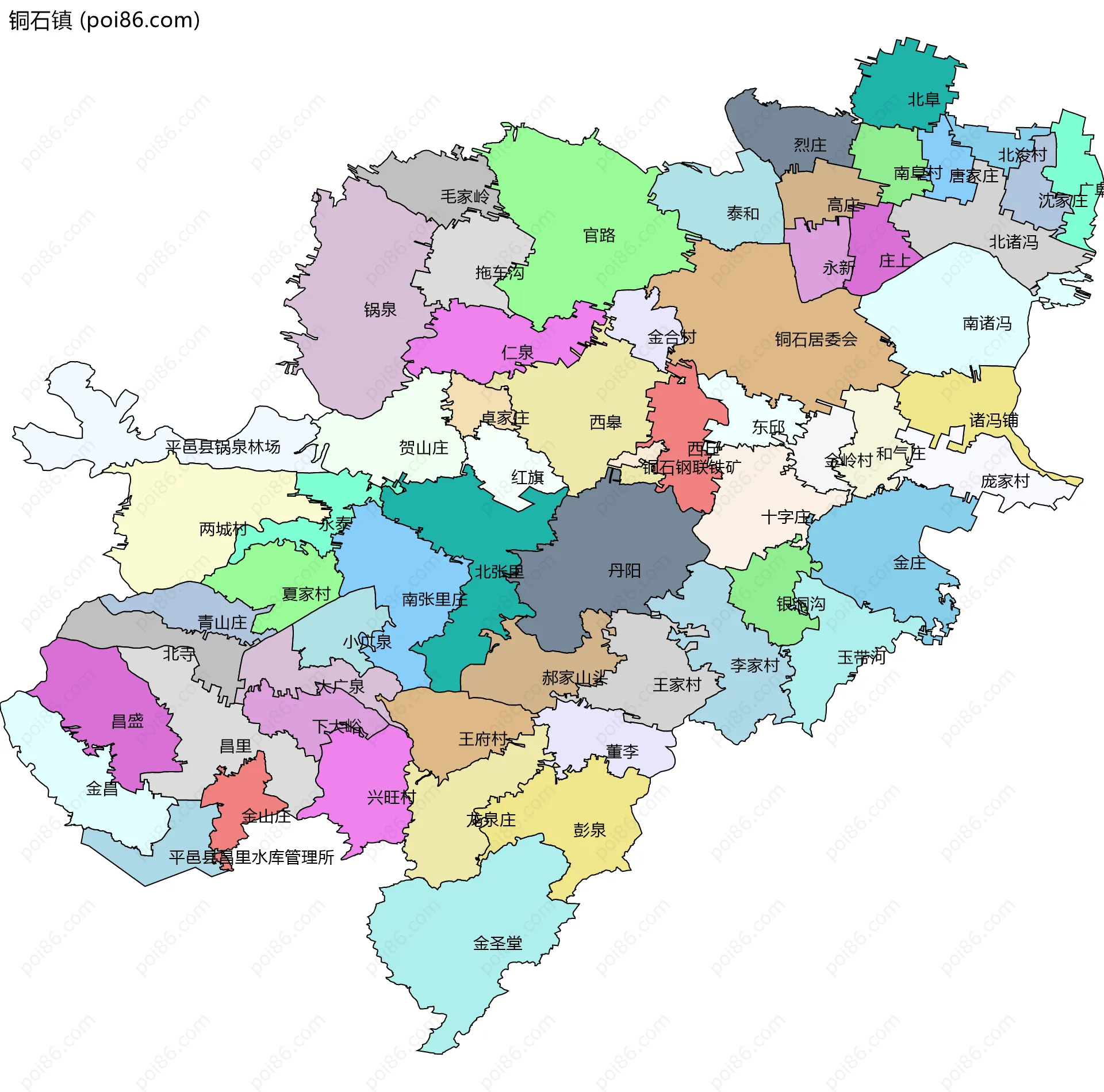 铜石镇边界地图(五级行政区划)