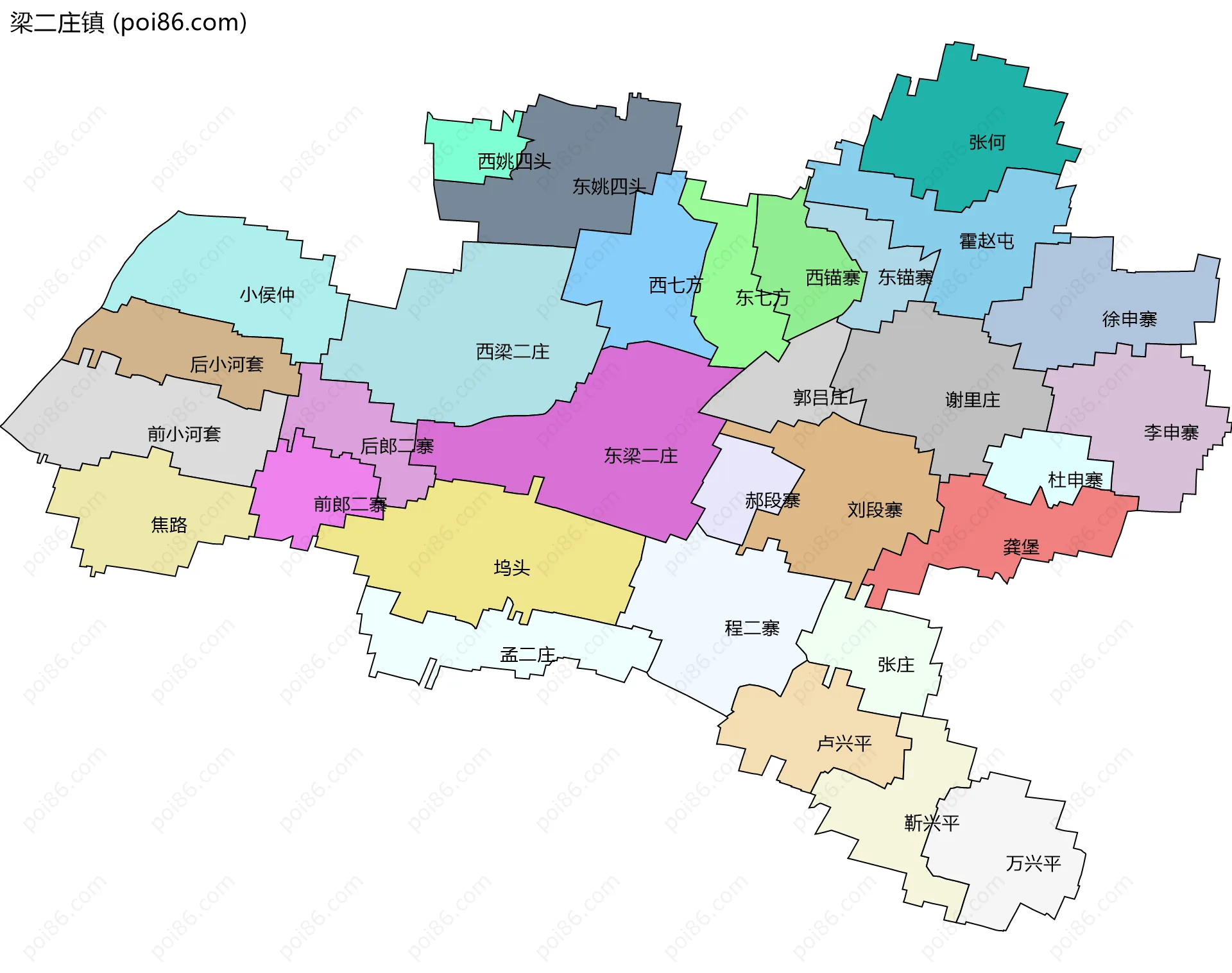 梁二庄镇边界地图(五级行政区划)