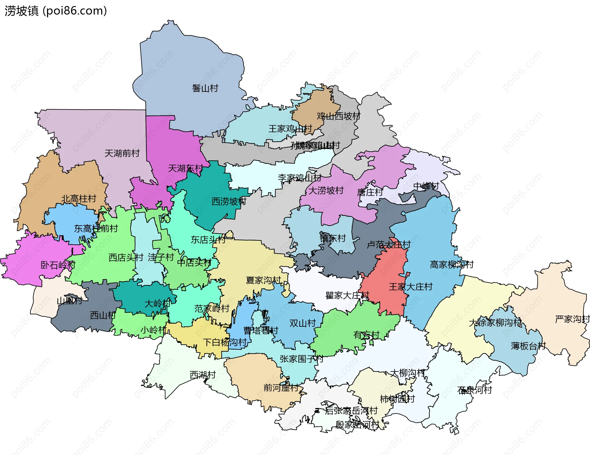 涝坡镇边界地图(五级行政区划)