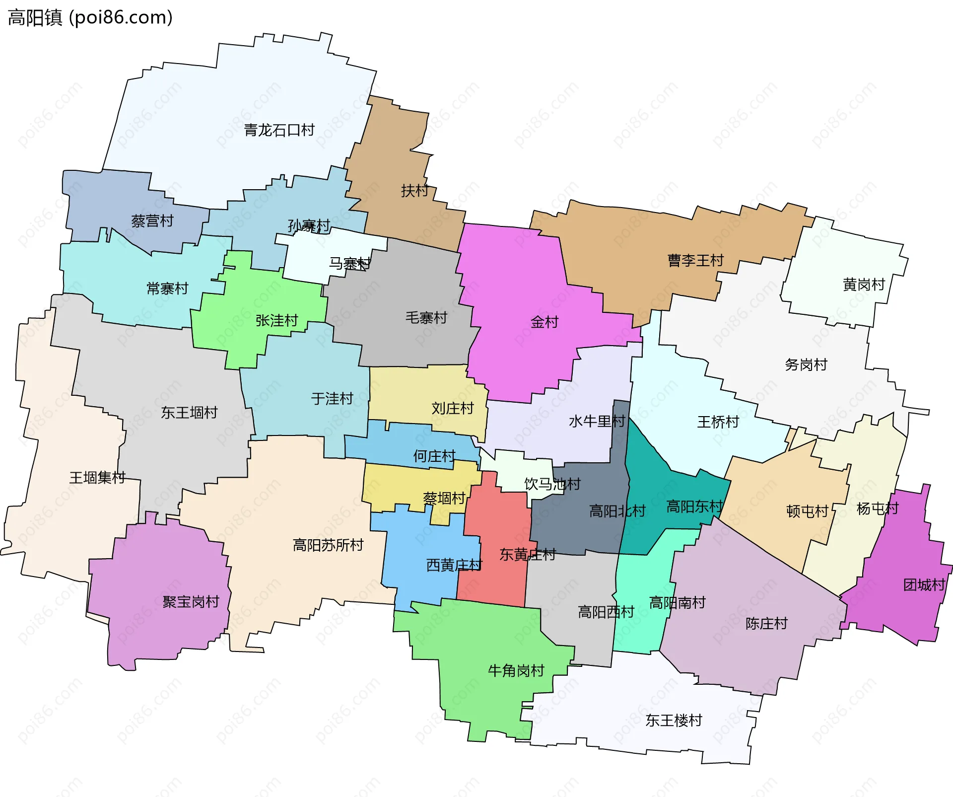 高阳镇边界地图(五级行政区划)