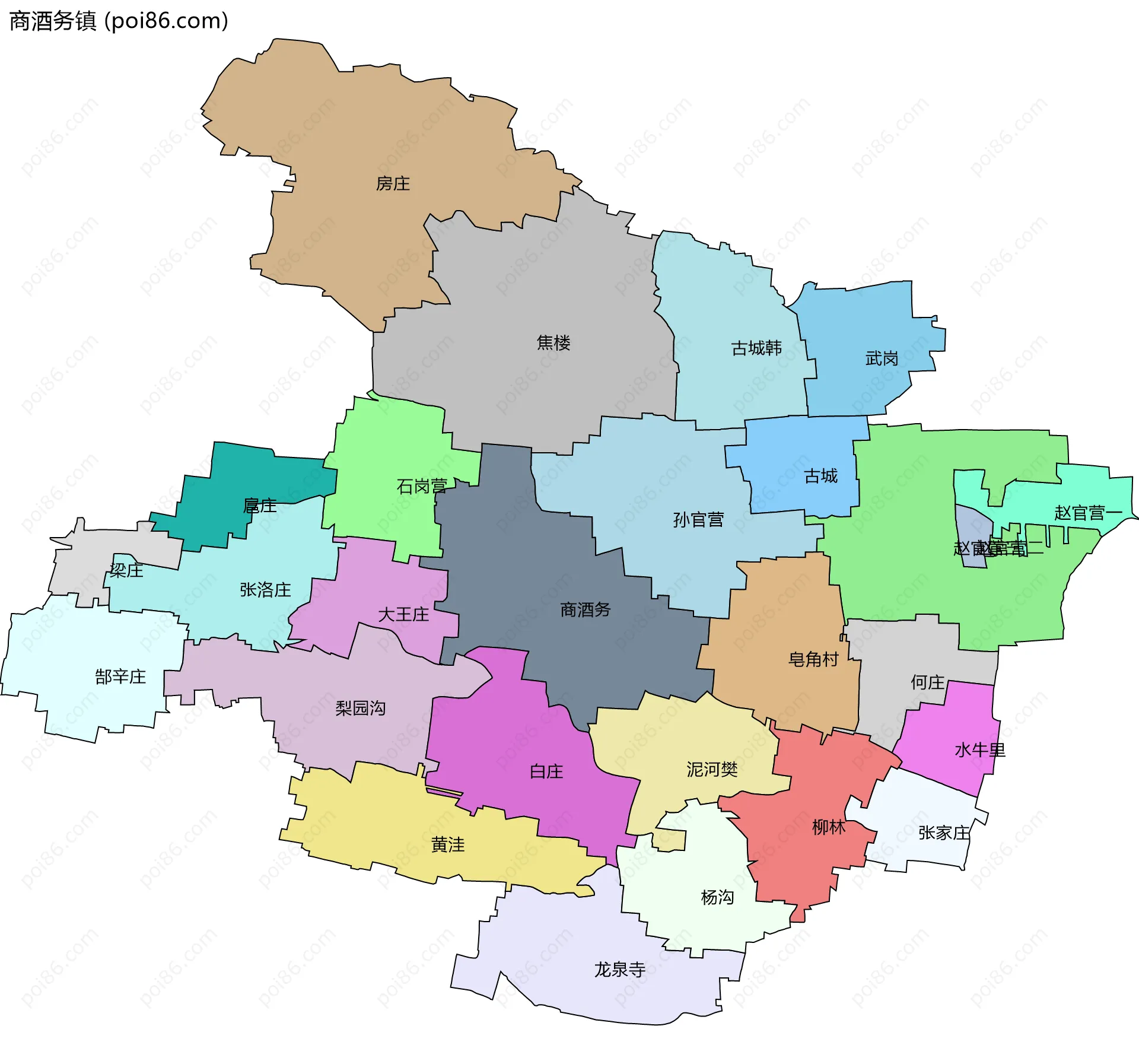 商酒务镇边界地图(五级行政区划)