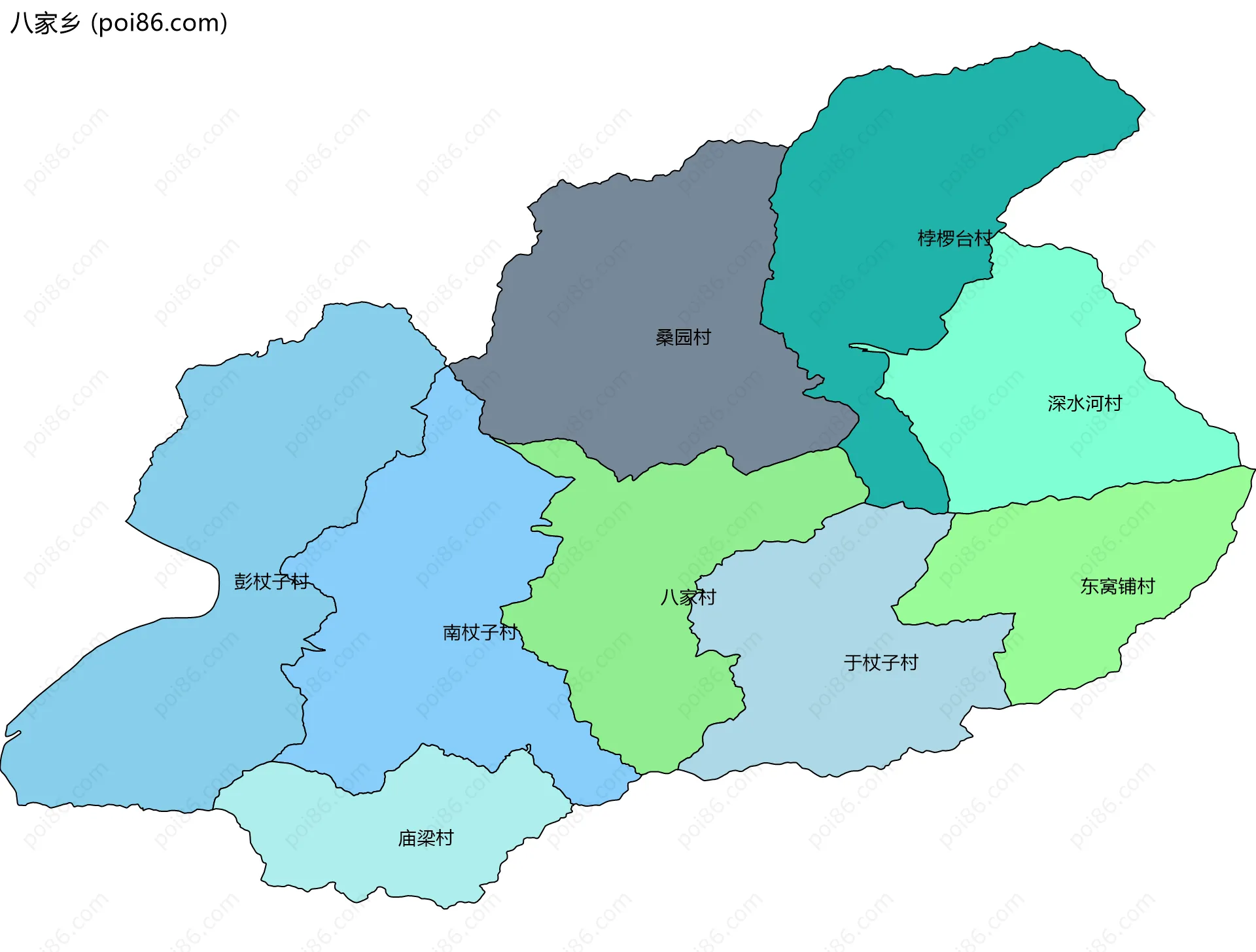 八家乡边界地图(五级行政区划)