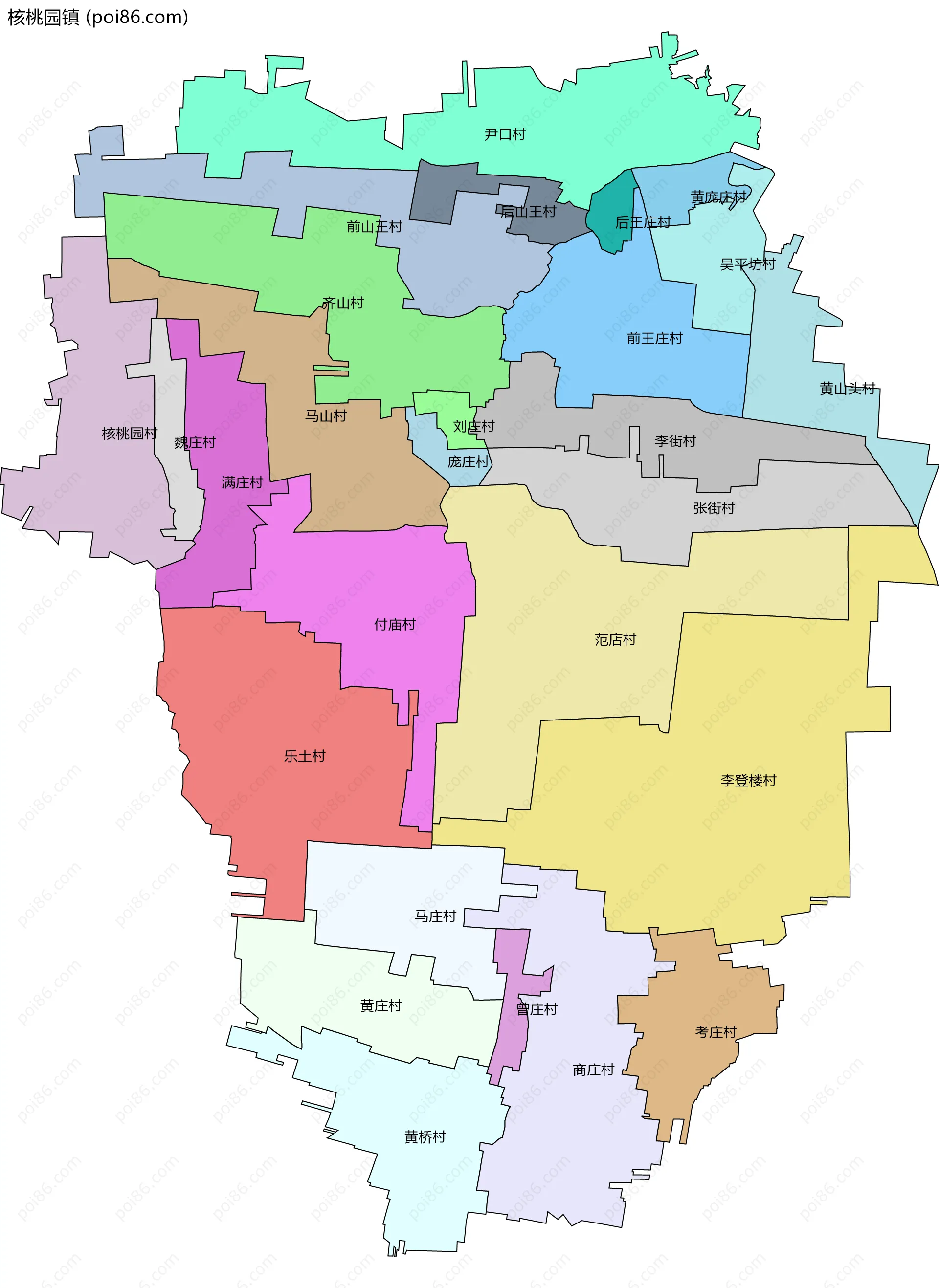 核桃园镇边界地图(五级行政区划)