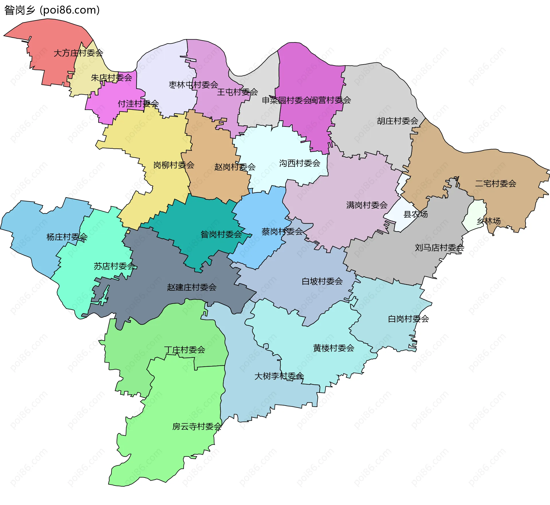 昝岗乡边界地图(五级行政区划)