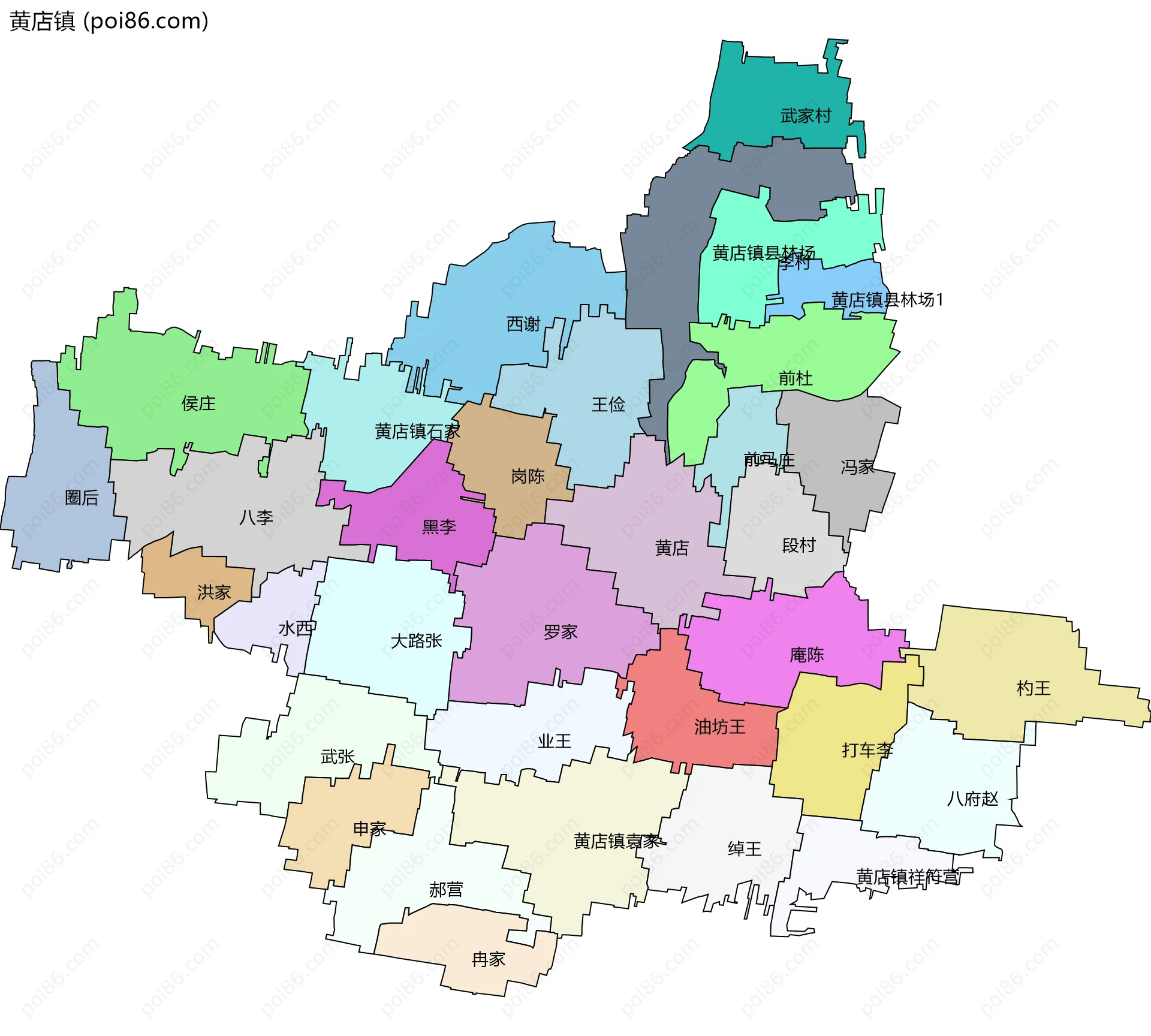 黄店镇边界地图(五级行政区划)
