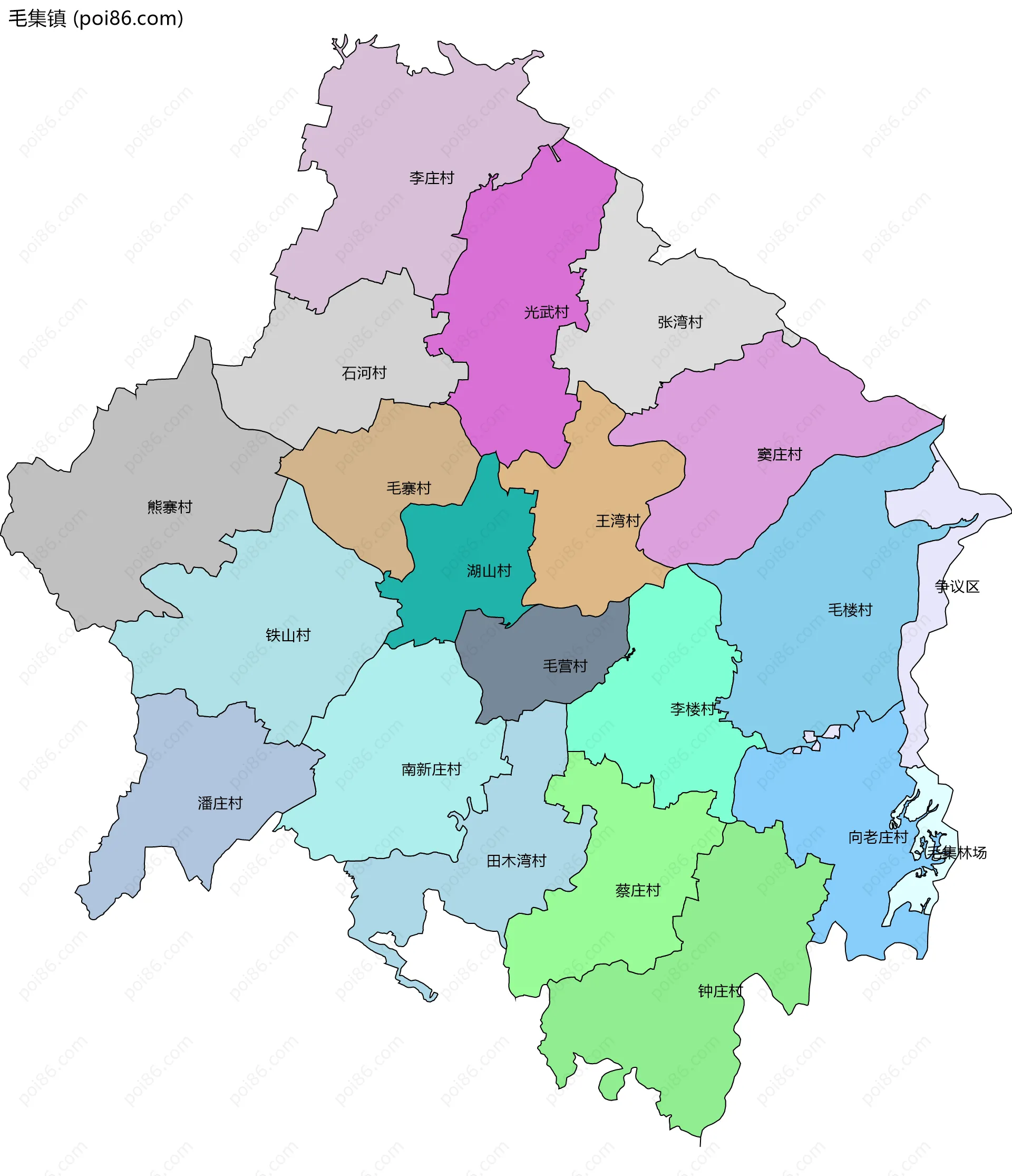 毛集镇边界地图(五级行政区划)