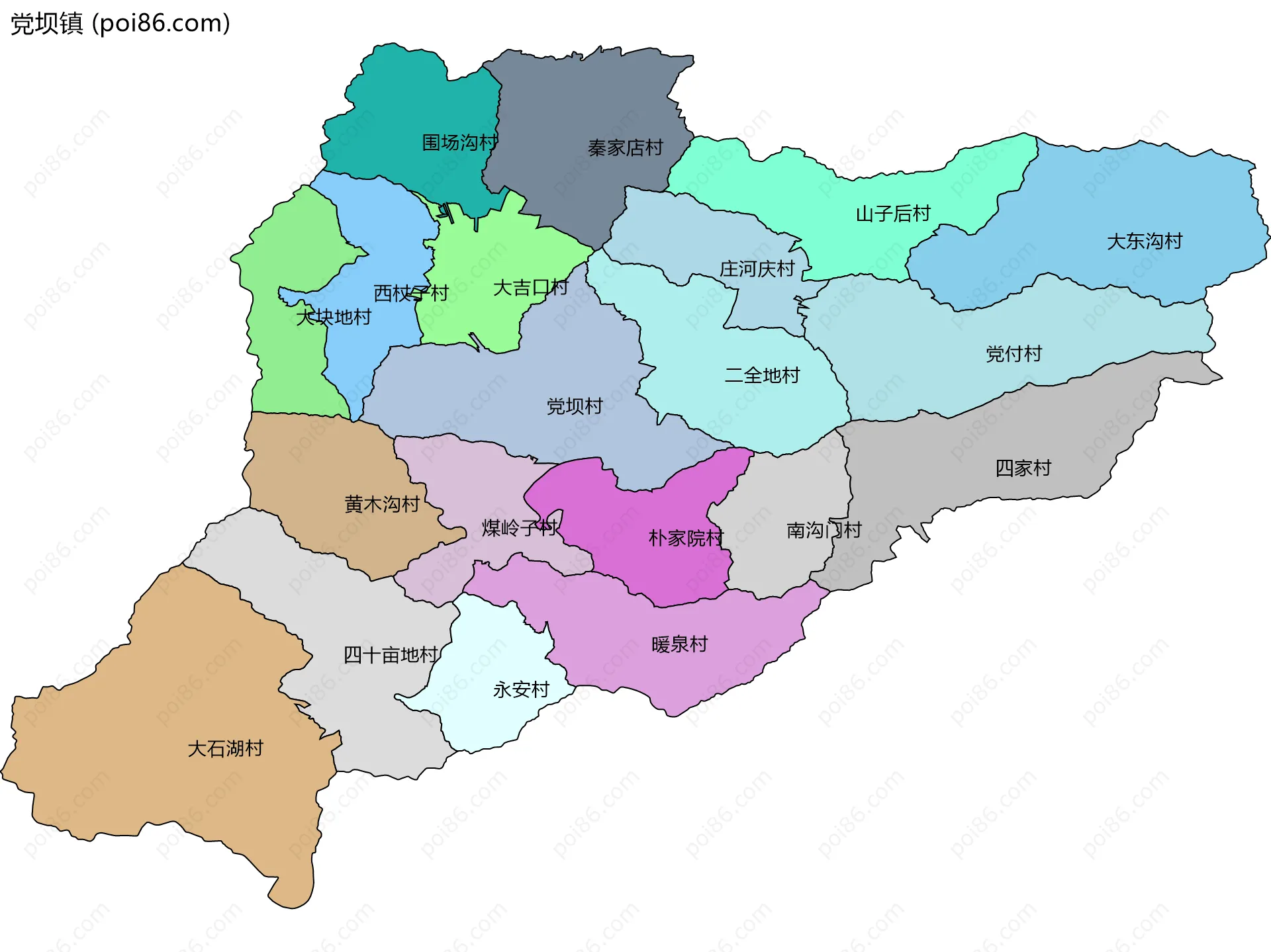 党坝镇边界地图(五级行政区划)