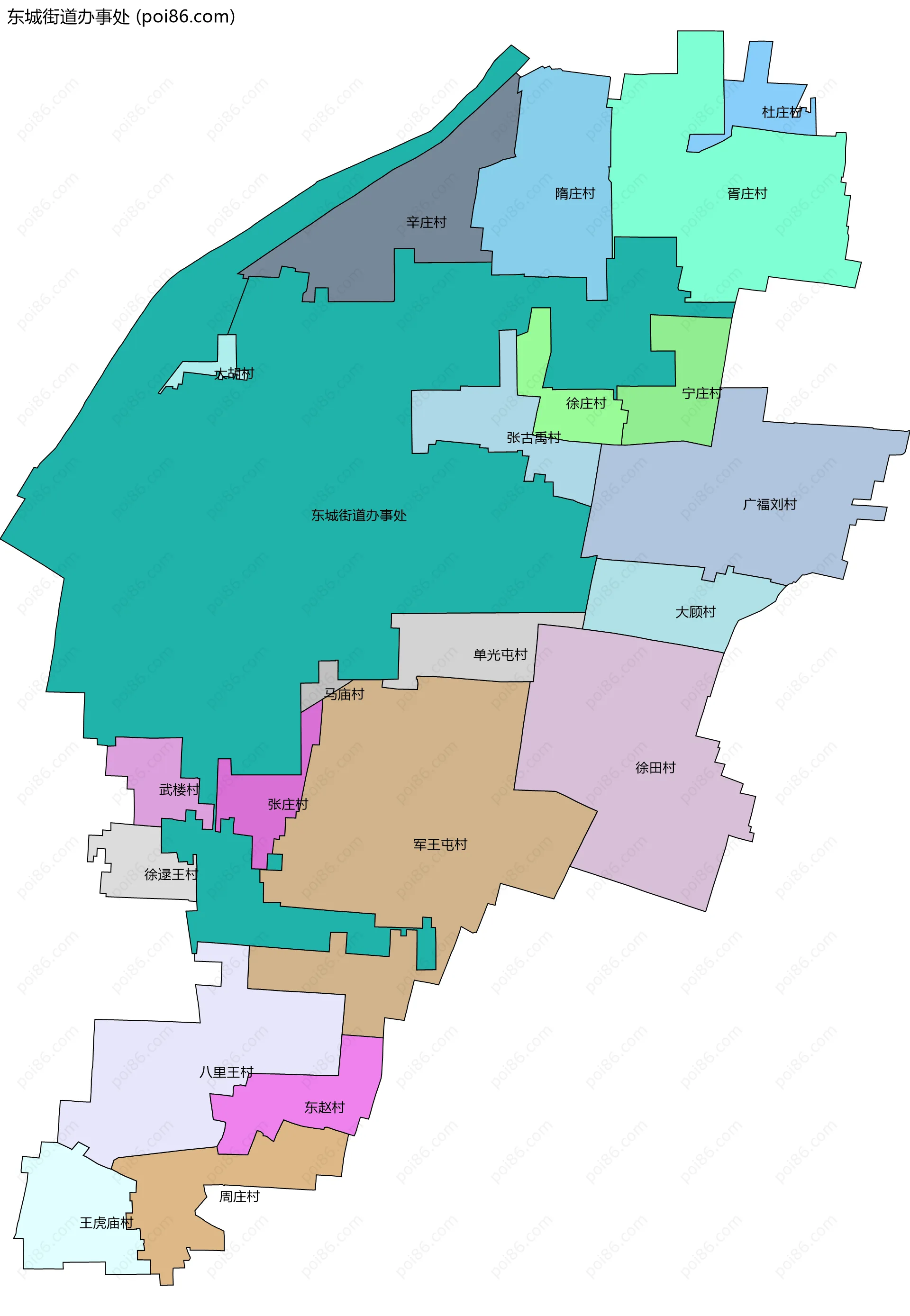 东城街道办事处边界地图(五级行政区划)