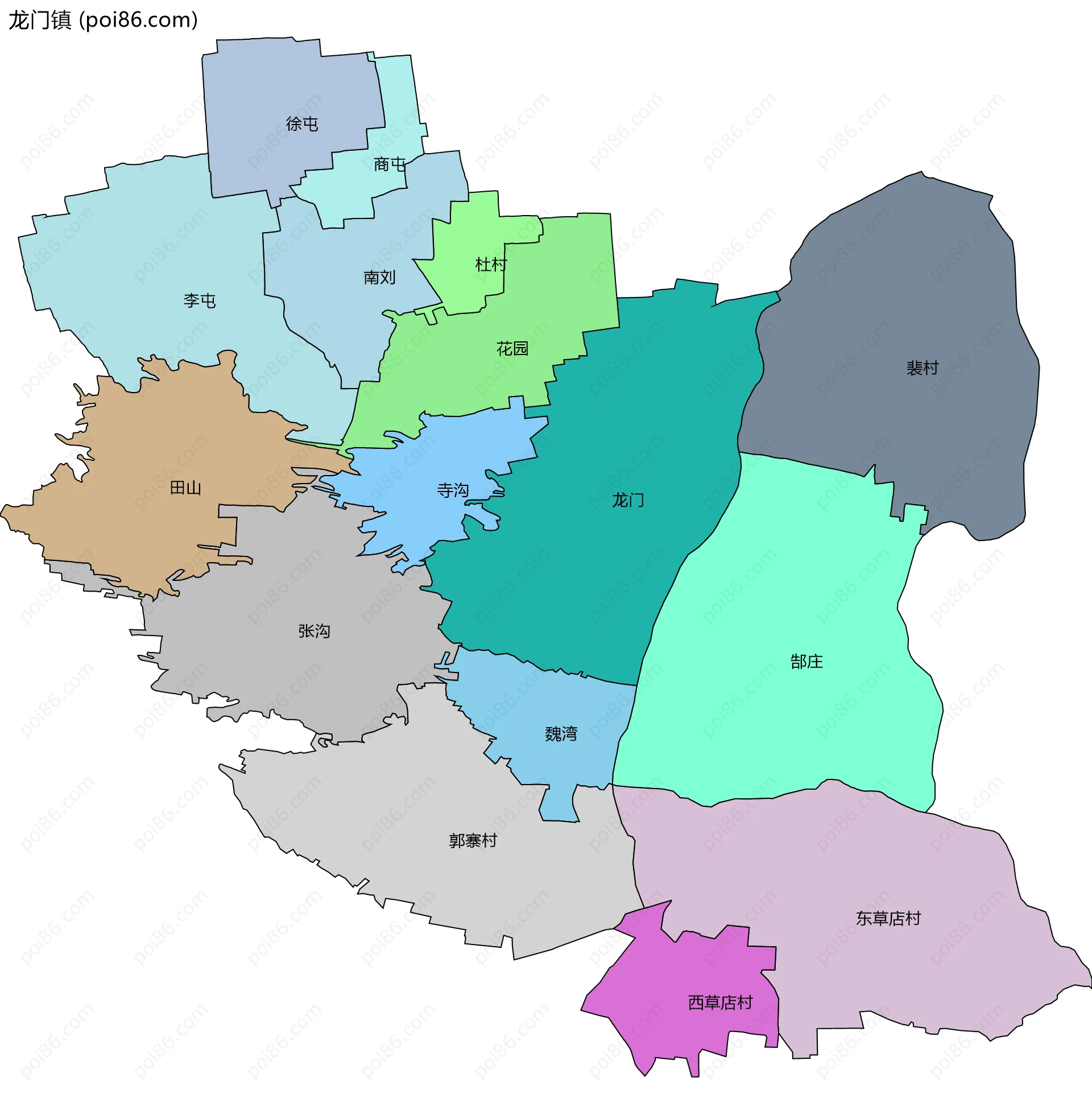 龙门镇边界地图(五级行政区划)