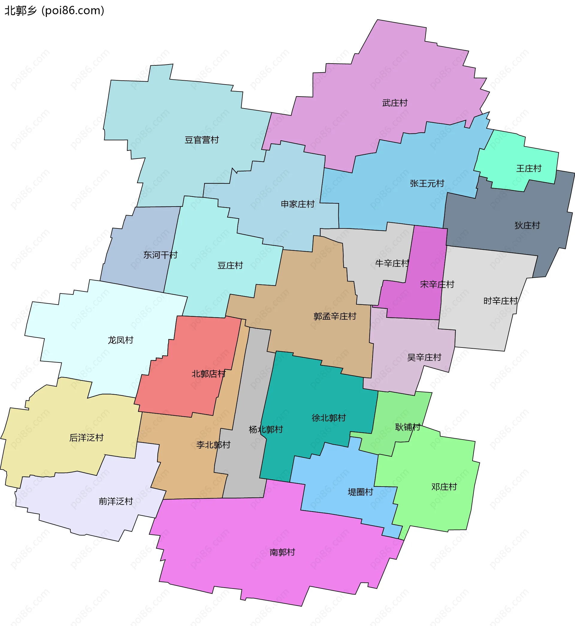 北郭乡边界地图(五级行政区划)