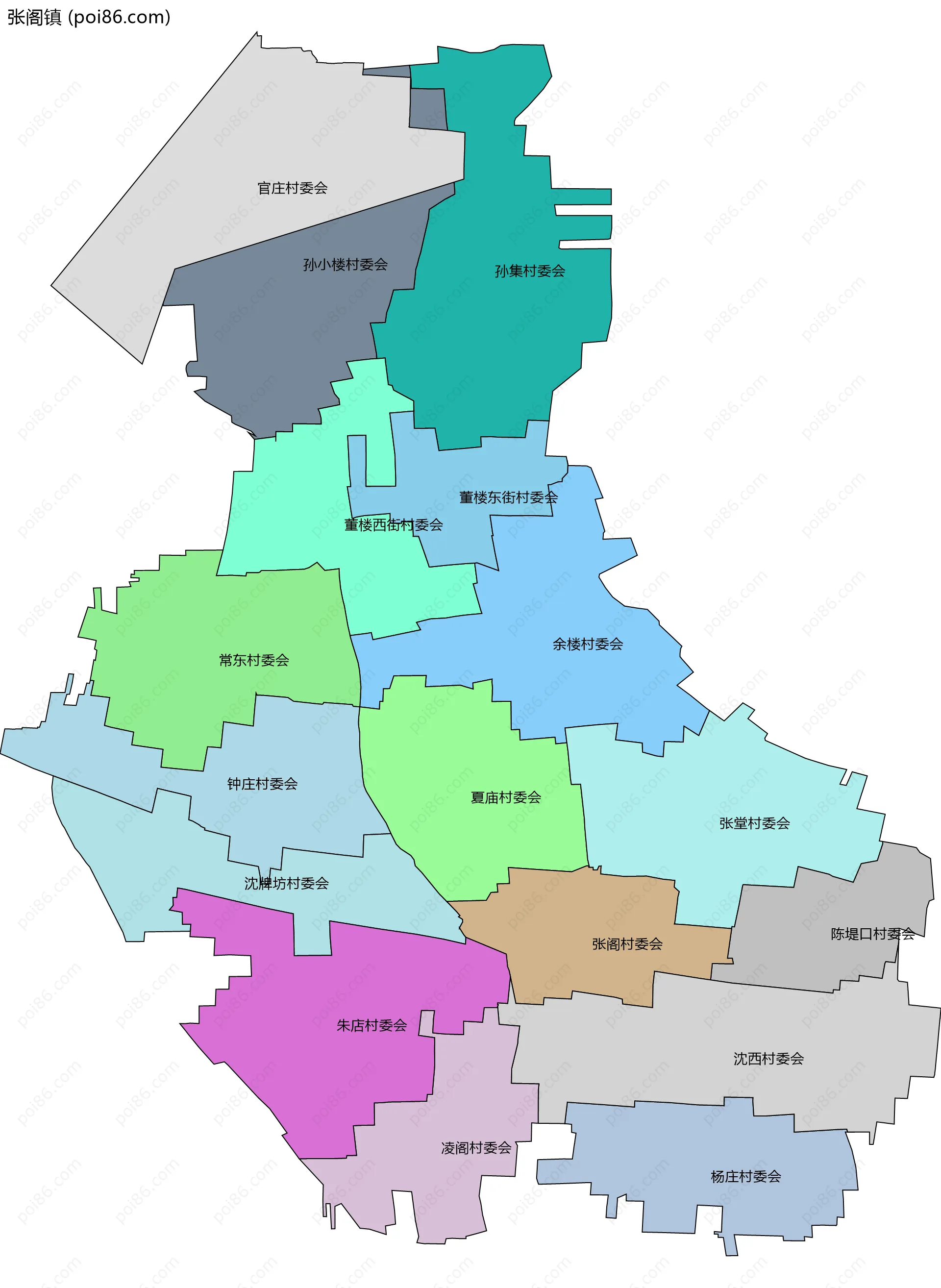 张阁镇边界地图(五级行政区划)