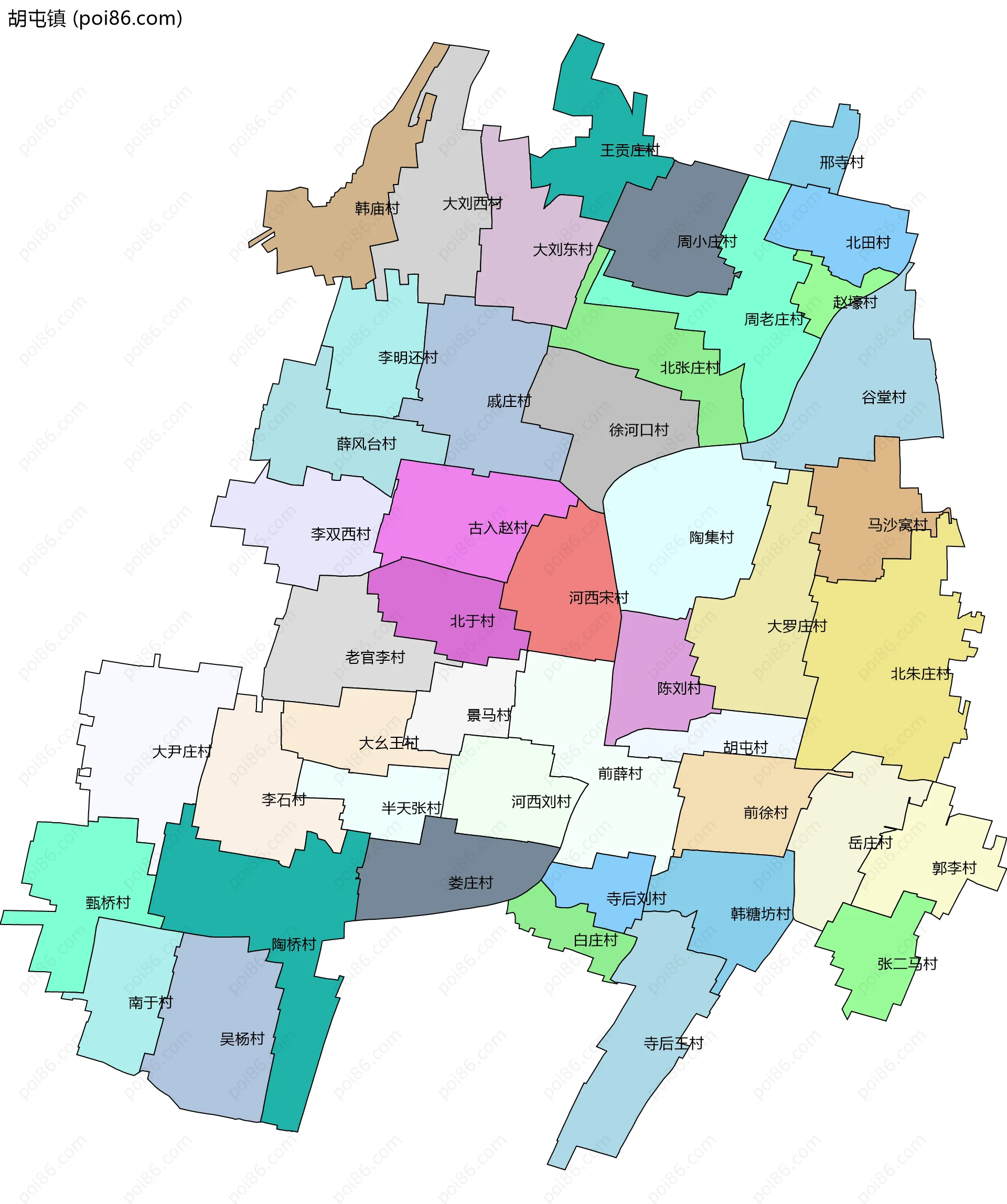 胡屯镇边界地图(五级行政区划)