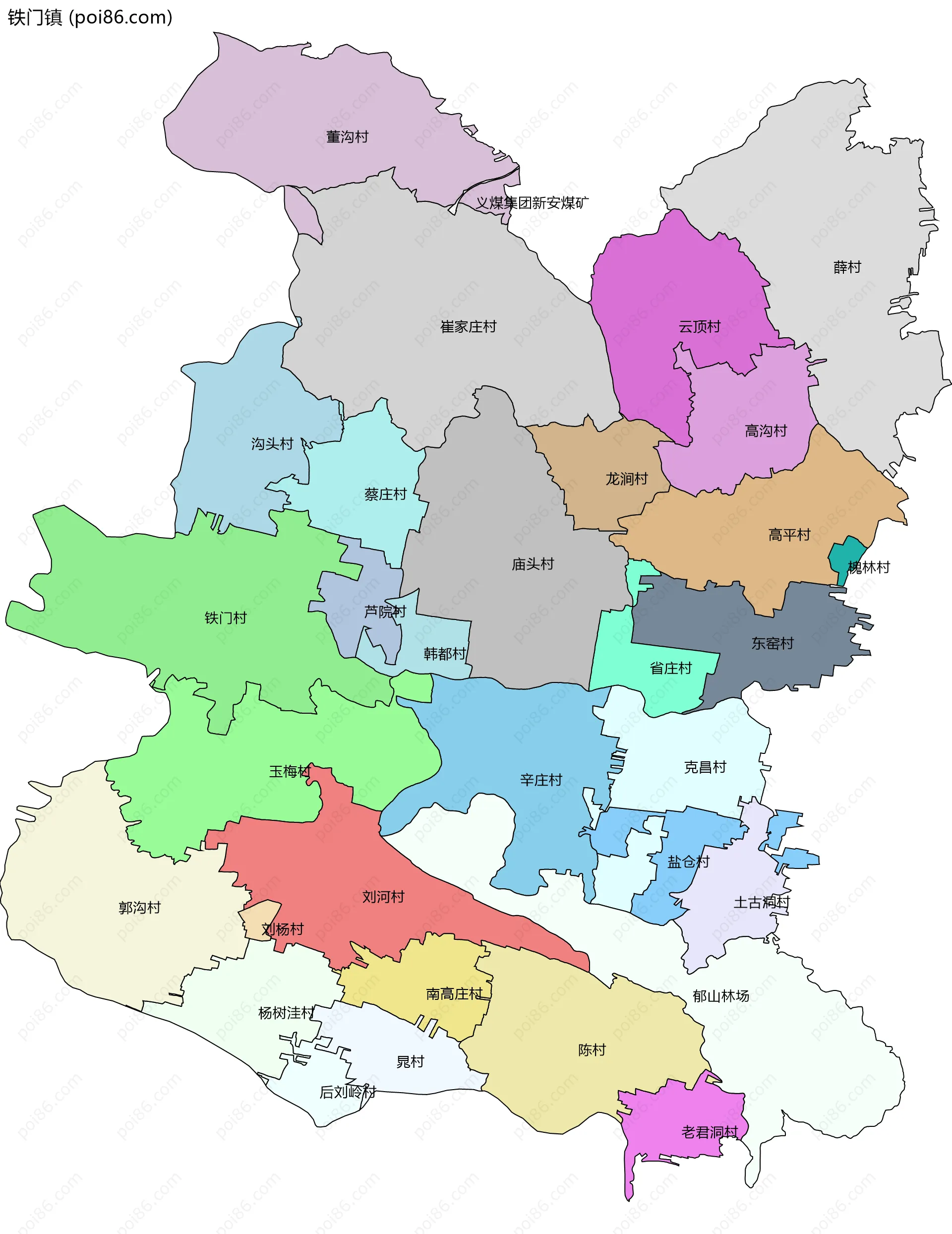铁门镇边界地图(五级行政区划)