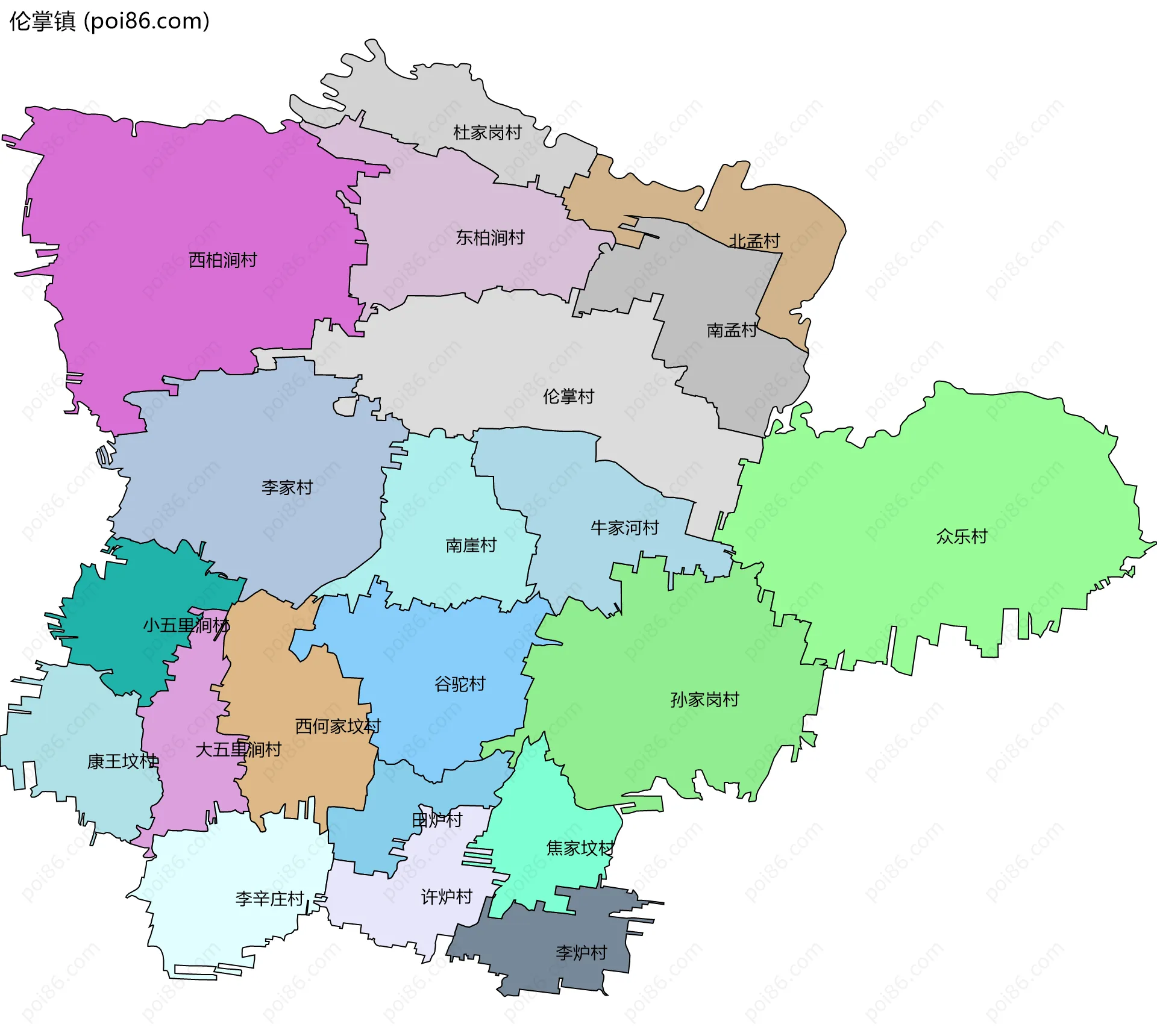 伦掌镇边界地图(五级行政区划)