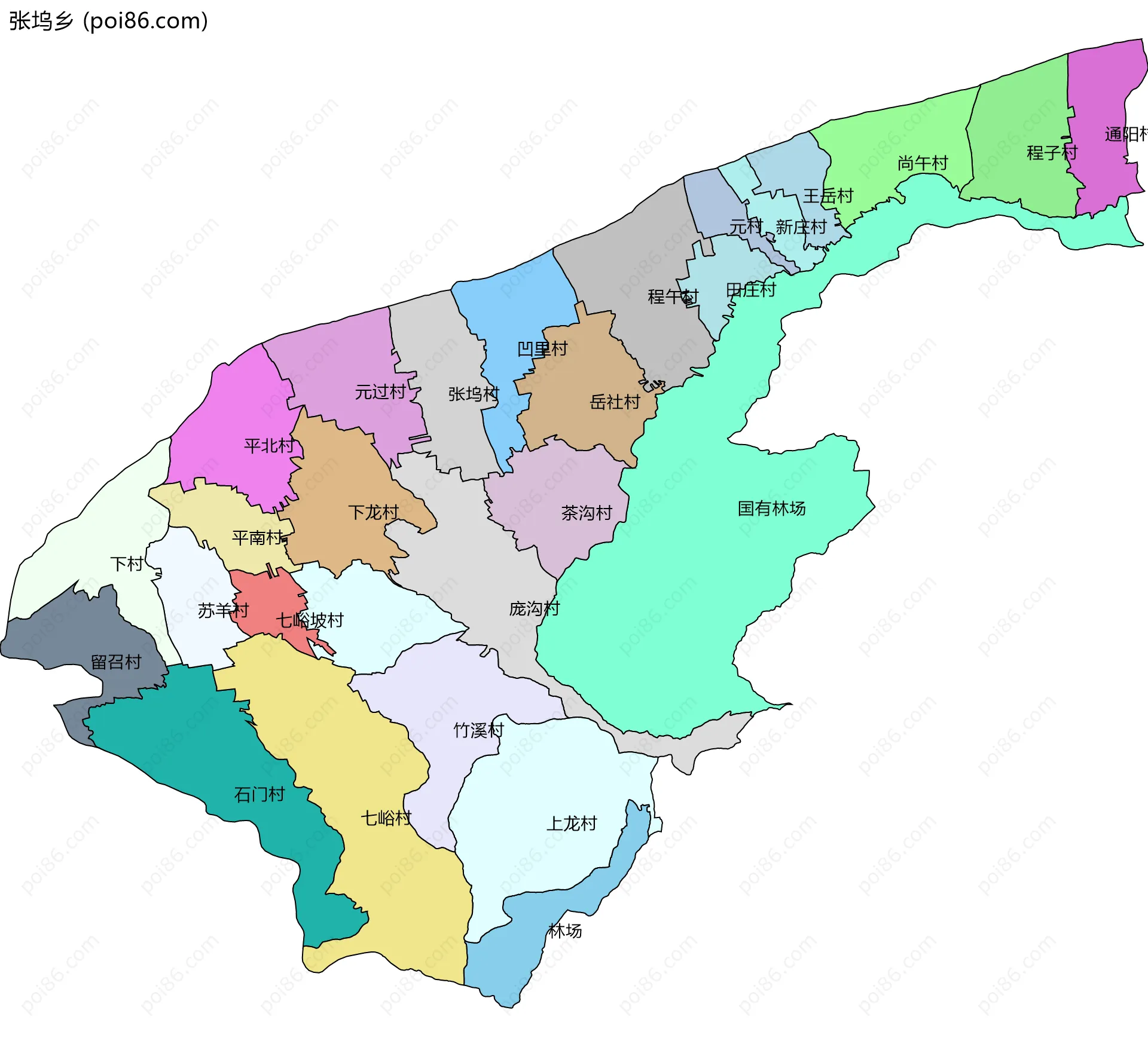 张坞乡边界地图(五级行政区划)