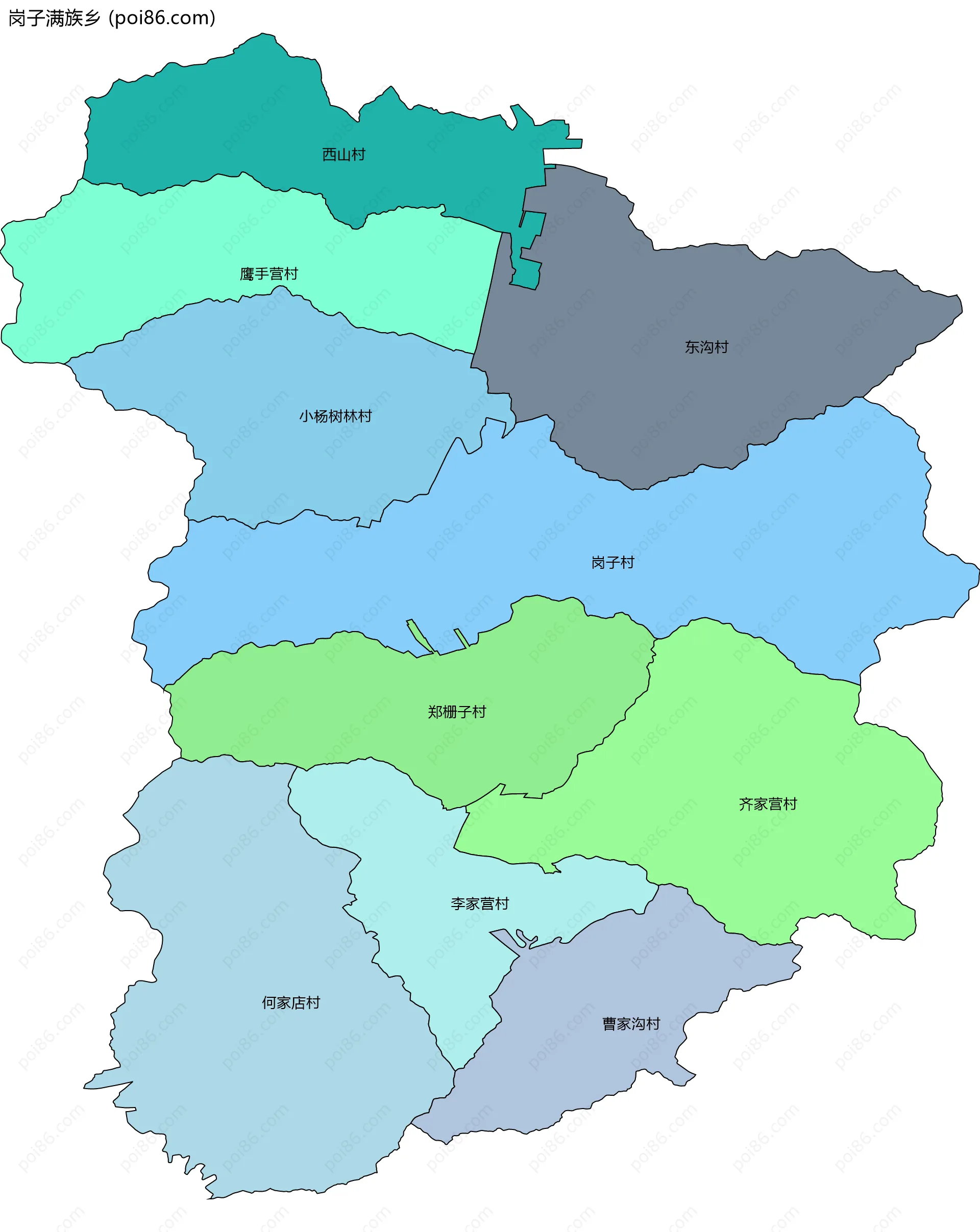 岗子满族乡边界地图(五级行政区划)